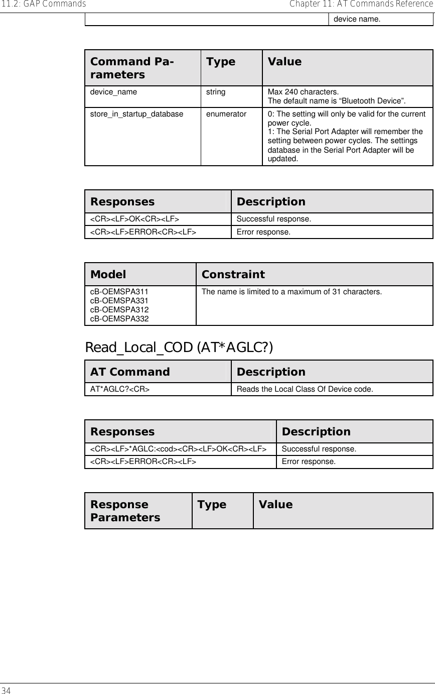 11.2: GAP Commands    Chapter 11: AT Commands Reference 34     device name.  Command Pa-rameters  Type  Value device_name  string  Max 240 characters. The default name is “Bluetooth Device”. store_in_startup_database  enumerator  0: The setting will only be valid for the current power cycle. 1: The Serial Port Adapter will remember the setting between power cycles. The settings database in the Serial Port Adapter will be updated.  Responses  Description &lt;CR&gt;&lt;LF&gt;OK&lt;CR&gt;&lt;LF&gt; Successful response. &lt;CR&gt;&lt;LF&gt;ERROR&lt;CR&gt;&lt;LF&gt; Error response.  Model  Constraint cB-OEMSPA311 cB-OEMSPA331 cB-OEMSPA312 cB-OEMSPA332 The name is limited to a maximum of 31 characters. Read_Local_COD (AT*AGLC?) AT Command  Description AT*AGLC?&lt;CR&gt;  Reads the Local Class Of Device code.  Responses  Description &lt;CR&gt;&lt;LF&gt;*AGLC:&lt;cod&gt;&lt;CR&gt;&lt;LF&gt;OK&lt;CR&gt;&lt;LF&gt; Successful response. &lt;CR&gt;&lt;LF&gt;ERROR&lt;CR&gt;&lt;LF&gt; Error response.  Response Parameters  Type  Value 