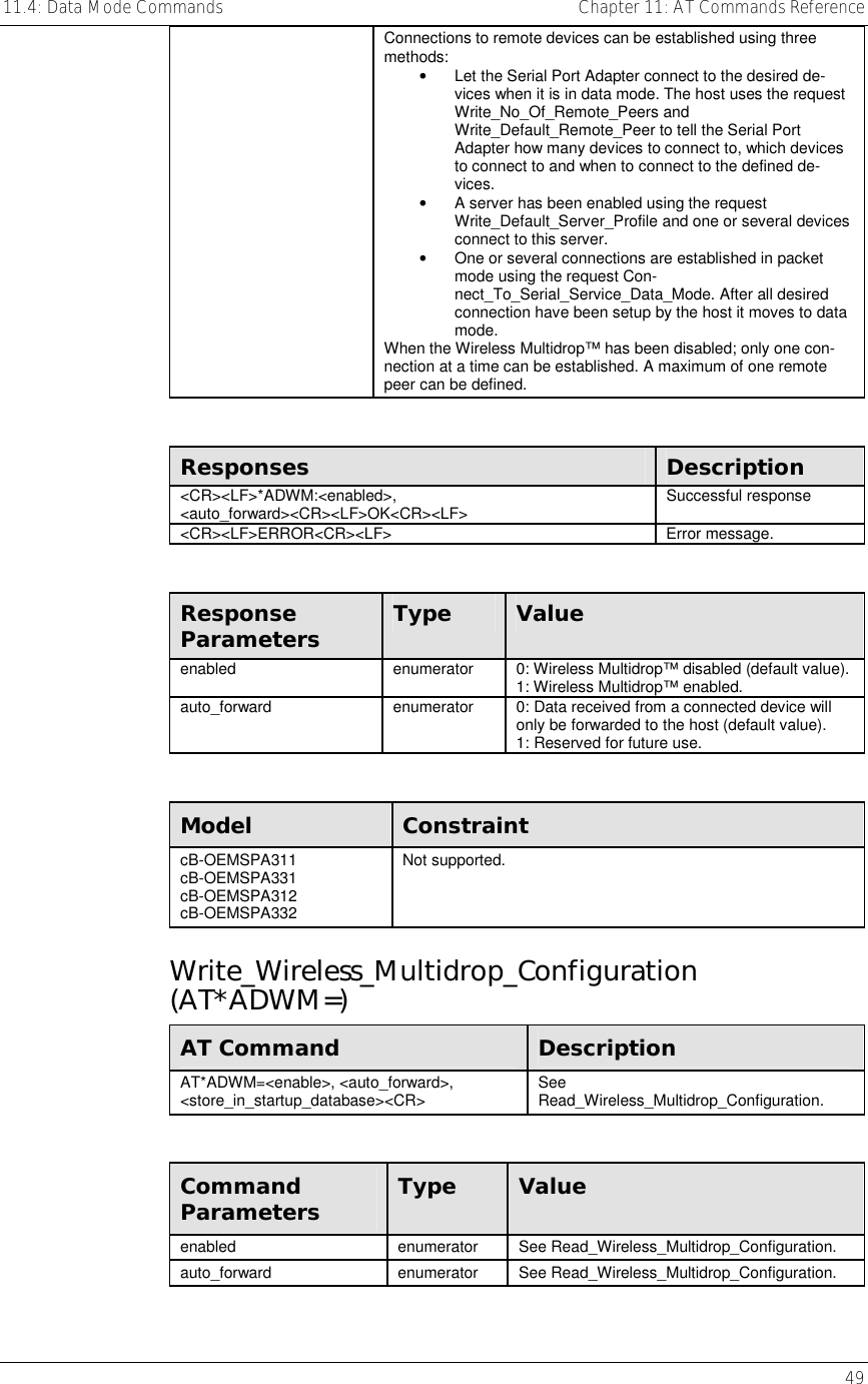 11.4: Data Mode Commands    Chapter 11: AT Commands Reference   49 Connections to remote devices can be established using three methods: •  Let the Serial Port Adapter connect to the desired de-vices when it is in data mode. The host uses the request Write_No_Of_Remote_Peers and Write_Default_Remote_Peer to tell the Serial Port Adapter how many devices to connect to, which devices to connect to and when to connect to the defined de-vices. •  A server has been enabled using the request Write_Default_Server_Profile and one or several devices connect to this server. •  One or several connections are established in packet mode using the request Con-nect_To_Serial_Service_Data_Mode. After all desired connection have been setup by the host it moves to data mode. When the Wireless Multidrop™ has been disabled; only one con-nection at a time can be established. A maximum of one remote peer can be defined.  Responses  Description &lt;CR&gt;&lt;LF&gt;*ADWM:&lt;enabled&gt;, &lt;auto_forward&gt;&lt;CR&gt;&lt;LF&gt;OK&lt;CR&gt;&lt;LF&gt;  Successful response &lt;CR&gt;&lt;LF&gt;ERROR&lt;CR&gt;&lt;LF&gt; Error message.  Response Parameters  Type  Value enabled  enumerator  0: Wireless Multidrop™ disabled (default value). 1: Wireless Multidrop™ enabled. auto_forward  enumerator  0: Data received from a connected device will only be forwarded to the host (default value). 1: Reserved for future use.  Model  Constraint cB-OEMSPA311 cB-OEMSPA331 cB-OEMSPA312 cB-OEMSPA332 Not supported. Write_Wireless_Multidrop_Configuration (AT*ADWM=) AT Command  Description AT*ADWM=&lt;enable&gt;, &lt;auto_forward&gt;, &lt;store_in_startup_database&gt;&lt;CR&gt;  See Read_Wireless_Multidrop_Configuration.  Command Parameters  Type  Value enabled enumerator See Read_Wireless_Multidrop_Configuration. auto_forward enumerator See Read_Wireless_Multidrop_Configuration. 