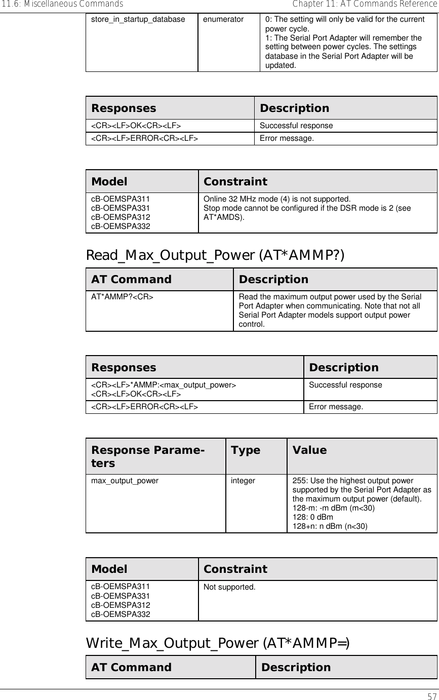 11.6: Miscellaneous Commands    Chapter 11: AT Commands Reference   57 store_in_startup_database  enumerator  0: The setting will only be valid for the current power cycle. 1: The Serial Port Adapter will remember the setting between power cycles. The settings database in the Serial Port Adapter will be updated.  Responses  Description &lt;CR&gt;&lt;LF&gt;OK&lt;CR&gt;&lt;LF&gt; Successful response &lt;CR&gt;&lt;LF&gt;ERROR&lt;CR&gt;&lt;LF&gt; Error message.  Model  Constraint cB-OEMSPA311 cB-OEMSPA331 cB-OEMSPA312 cB-OEMSPA332 Online 32 MHz mode (4) is not supported. Stop mode cannot be configured if the DSR mode is 2 (see AT*AMDS). Read_Max_Output_Power (AT*AMMP?) AT Command  Description AT*AMMP?&lt;CR&gt;  Read the maximum output power used by the Serial Port Adapter when communicating. Note that not all Serial Port Adapter models support output power control.  Responses  Description &lt;CR&gt;&lt;LF&gt;*AMMP:&lt;max_output_power&gt; &lt;CR&gt;&lt;LF&gt;OK&lt;CR&gt;&lt;LF&gt;  Successful response &lt;CR&gt;&lt;LF&gt;ERROR&lt;CR&gt;&lt;LF&gt; Error message.  Response Parame-ters  Type  Value max_output_power  integer  255: Use the highest output power supported by the Serial Port Adapter as the maximum output power (default). 128-m: -m dBm (m&lt;30) 128: 0 dBm 128+n: n dBm (n&lt;30)  Model  Constraint cB-OEMSPA311 cB-OEMSPA331 cB-OEMSPA312 cB-OEMSPA332 Not supported. Write_Max_Output_Power (AT*AMMP=) AT Command  Description 