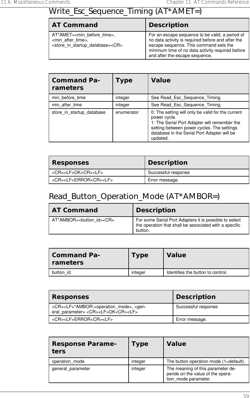 11.6: Miscellaneous Commands    Chapter 11: AT Commands Reference   59 Write_Esc_Sequence_Timing (AT*AMET=) AT Command  Description AT*AMET=&lt;min_before_time&gt;, &lt;min_after_time&gt;, &lt;store_in_startup_database&gt;&lt;CR&gt; For an escape sequence to be valid, a period of no data activity is required before and after the escape sequence. This command sets the minimum time of no data activity required before and after the escape sequence.  Command Pa-rameters  Type  Value min_before_time integer See Read_Esc_Sequence_Timing. min_after_time integer See Read_Esc_Sequence_Timing. store_in_startup_database  enumerator  0: The setting will only be valid for the current power cycle. 1: The Serial Port Adapter will remember the setting between power cycles. The settings database in the Serial Port Adapter will be updated.  Responses  Description &lt;CR&gt;&lt;LF&gt;OK&lt;CR&gt;&lt;LF&gt; Successful response &lt;CR&gt;&lt;LF&gt;ERROR&lt;CR&gt;&lt;LF&gt; Error message. Read_Button_Operation_Mode (AT*AMBOR=) AT Command  Description AT*AMBOR=&lt;button_id&gt;&lt;CR&gt;  For some Serial Port Adapters it is possible to select the operation that shall be associated with a specific button.  Command Pa-rameters  Type  Value button_id  integer  Identifies the button to control.  Responses  Description &lt;CR&gt;&lt;LF&gt;*AMBOR:&lt;operation_mode&gt;, &lt;gen-eral_parameter&gt; &lt;CR&gt;&lt;LF&gt;OK&lt;CR&gt;&lt;LF&gt;  Successful response &lt;CR&gt;&lt;LF&gt;ERROR&lt;CR&gt;&lt;LF&gt; Error message.  Response Parame-ters  Type  Value operation_mode  integer  The button operation mode (1=default). general_parameter  integer  The meaning of this parameter de-pends on the value of the opera-tion_mode parameter. 