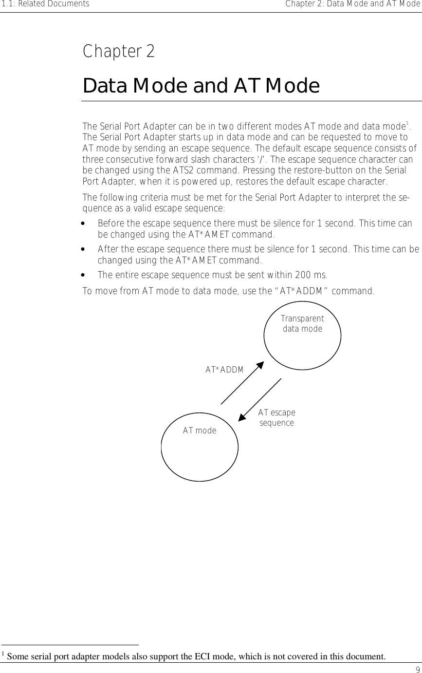 1.1: Related Documents    Chapter 2: Data Mode and AT Mode   9  Chapter 2 Data Mode and AT Mode The Serial Port Adapter can be in two different modes AT mode and data mode1. The Serial Port Adapter starts up in data mode and can be requested to move to AT mode by sending an escape sequence. The default escape sequence consists of three consecutive forward slash characters ‘/’. The escape sequence character can be changed using the ATS2 command. Pressing the restore-button on the Serial Port Adapter, when it is powered up, restores the default escape character. The following criteria must be met for the Serial Port Adapter to interpret the se-quence as a valid escape sequence: •  Before the escape sequence there must be silence for 1 second. This time can be changed using the AT*AMET command. •  After the escape sequence there must be silence for 1 second. This time can be changed using the AT*AMET command. •  The entire escape sequence must be sent within 200 ms. To move from AT mode to data mode, use the “AT*ADDM” command.  Transparent data modeAT mode AT escape sequence AT*ADDM                                                       1 Some serial port adapter models also support the ECI mode, which is not covered in this document. 