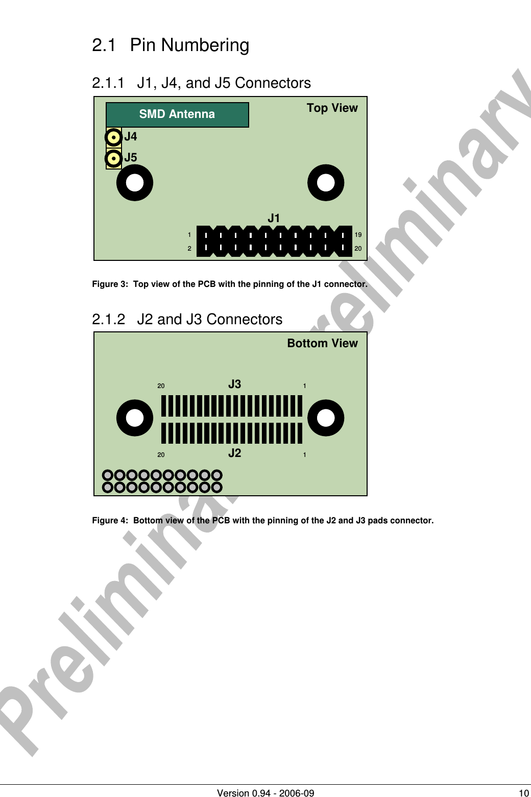          Version 0.94 - 2006-09  10 2.1  Pin Numbering 2.1.1  J1, J4, and J5 Connectors           Figure 3:  Top view of the PCB with the pinning of the J1 connector. 2.1.2  J2 and J3 Connectors           Figure 4:  Bottom view of the PCB with the pinning of the J2 and J3 pads connector. Top View1 2 19 20 J1 Bottom View1 20 20  1 J2 J3 SMD Antenna J4 J5 