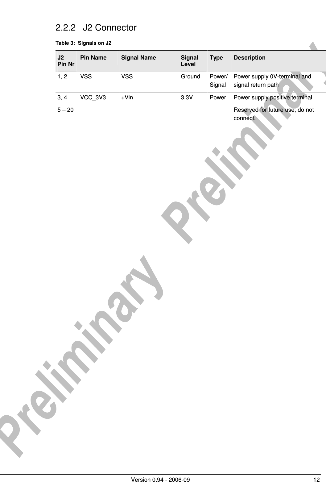          Version 0.94 - 2006-09  12 2.2.2  J2 Connector Table 3:  Signals on J2 J2  Pin Nr Pin Name  Signal Name  Signal Level Type  Description 1, 2  VSS  VSS  Ground  Power/ Signal Power supply 0V-terminal and signal return path 3, 4  VCC_3V3  +Vin  3.3V  Power  Power supply positive terminal 5 – 20          Reserved for future use, do not connect.  