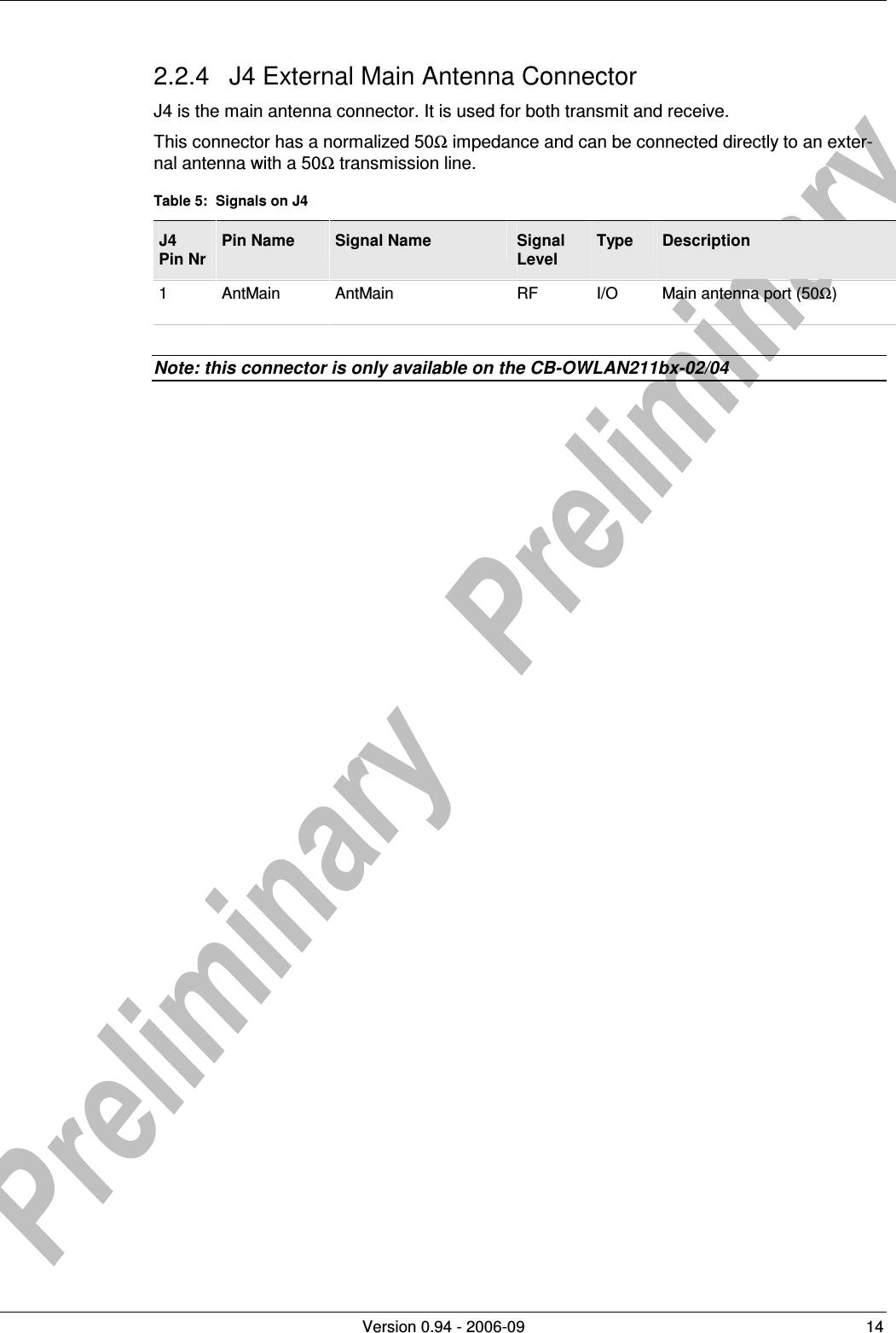          Version 0.94 - 2006-09  14 2.2.4  J4 External Main Antenna Connector J4 is the main antenna connector. It is used for both transmit and receive.  This connector has a normalized 50Ω impedance and can be connected directly to an exter-nal antenna with a 50Ω transmission line. Table 5:  Signals on J4 J4 Pin Nr Pin Name  Signal Name  Signal Level Type  Description 1  AntMain  AntMain  RF  I/O  Main antenna port (50Ω)  Note: this connector is only available on the CB-OWLAN211bx-02/04 