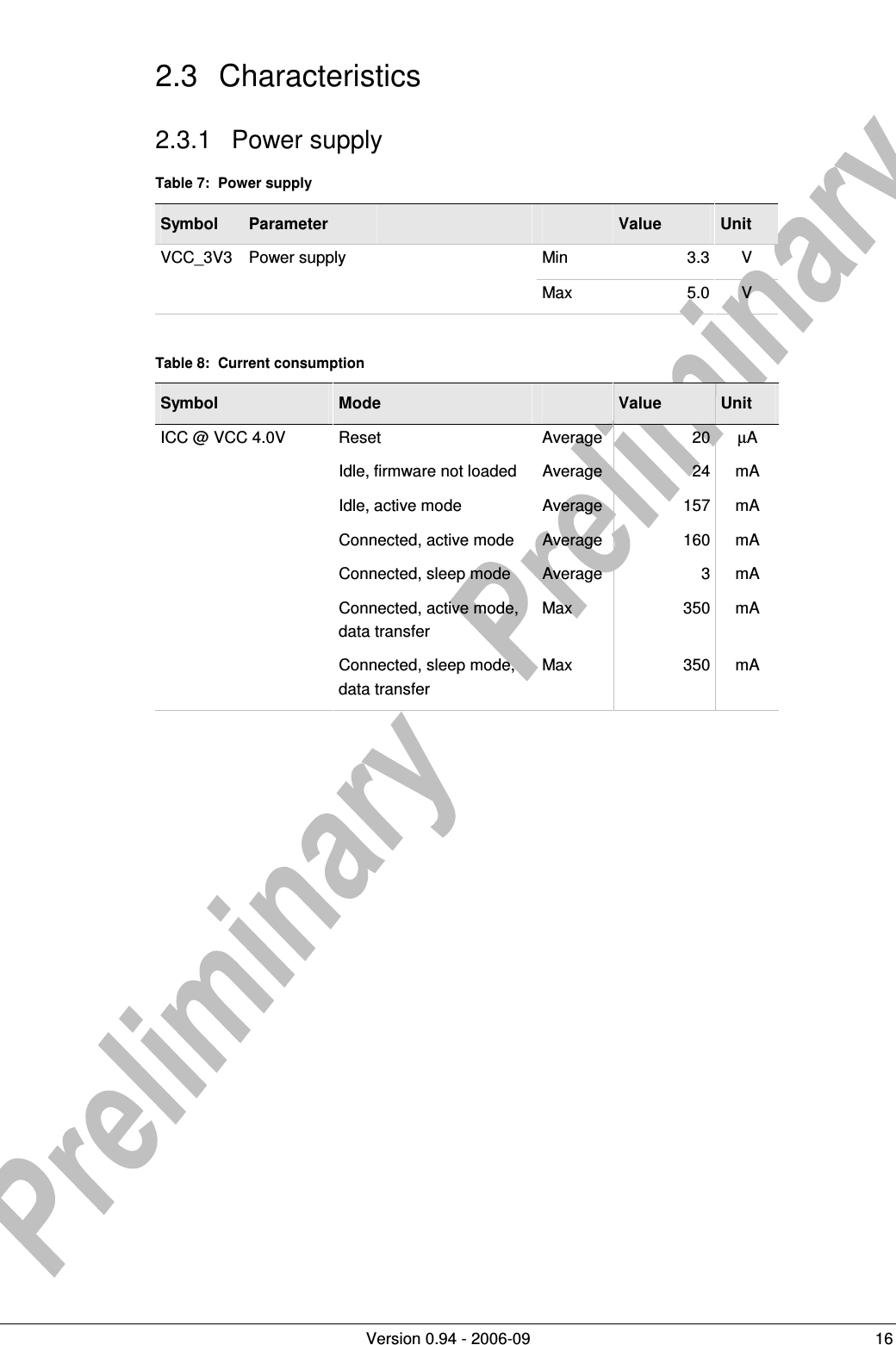          Version 0.94 - 2006-09  16 2.3  Characteristics 2.3.1  Power supply Table 7:  Power supply Symbol  Parameter      Value  Unit   Min  3.3 V VCC_3V3  Power supply   Max  5.0 V  Table 8:  Current consumption Symbol  Mode    Value  Unit ICC @ VCC 4.0V  Reset  Average  20 µA   Idle, firmware not loaded  Average  24 mA   Idle, active mode  Average  157 mA   Connected, active mode  Average  160 mA   Connected, sleep mode  Average  3 mA   Connected, active mode, data transfer Max  350 mA   Connected, sleep mode, data transfer Max  350 mA  