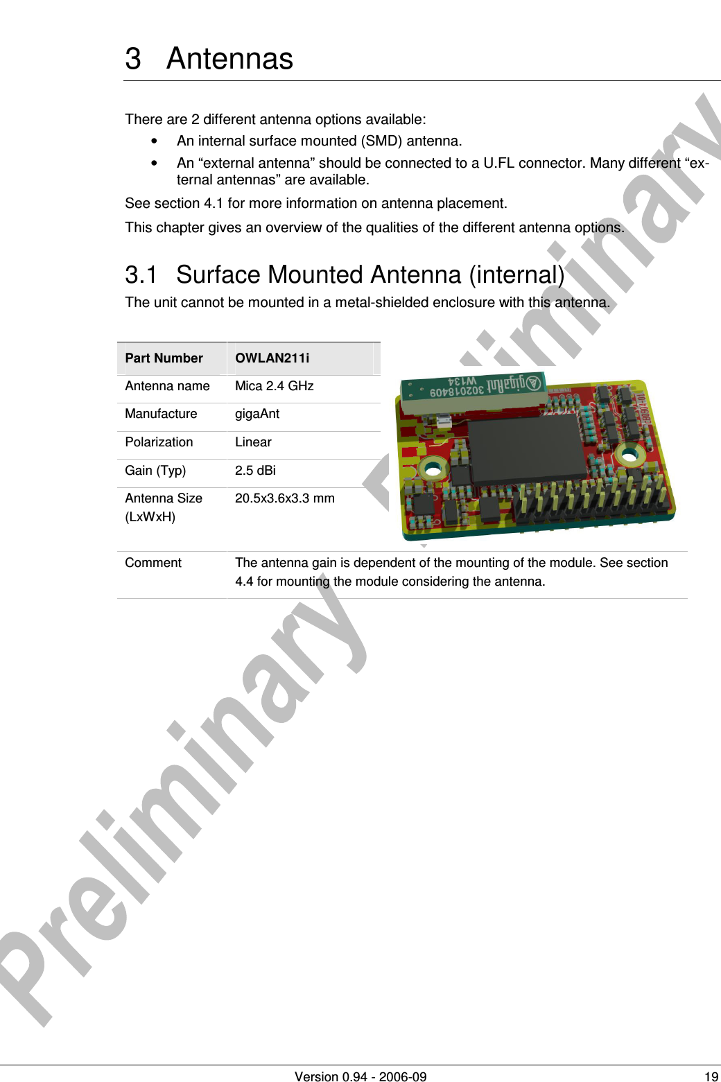          Version 0.94 - 2006-09  19 3  Antennas There are 2 different antenna options available: •  An internal surface mounted (SMD) antenna. •  An “external antenna” should be connected to a U.FL connector. Many different “ex-ternal antennas” are available. See section 4.1 for more information on antenna placement. This chapter gives an overview of the qualities of the different antenna options.  3.1  Surface Mounted Antenna (internal) The unit cannot be mounted in a metal-shielded enclosure with this antenna.  Part Number  OWLAN211i  Antenna name  Mica 2.4 GHz Manufacture  gigaAnt Polarization  Linear Gain (Typ)  2.5 dBi Antenna Size (LxWxH) 20.5x3.6x3.3 mm   Comment  The antenna gain is dependent of the mounting of the module. See section 4.4 for mounting the module considering the antenna.   