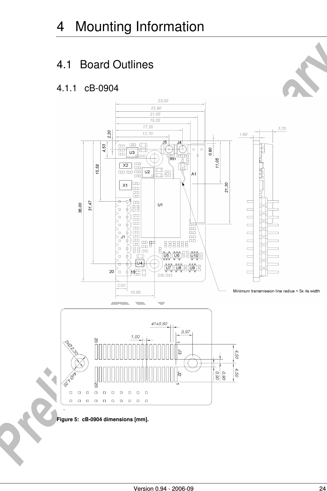          Version 0.94 - 2006-09  24 4  Mounting Information 4.1  Board Outlines 4.1.1  cB-0904   Figure 5:  cB-0904 dimensions [mm].  