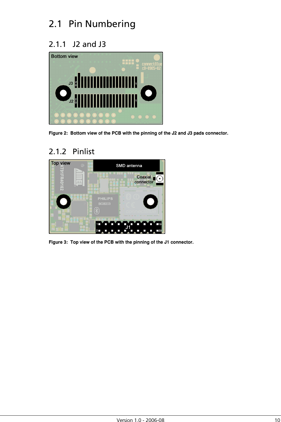          Version 1.0 - 2006-08  10 2.1  Pin Numbering 2.1.1  J2 and J3  Figure 2:  Bottom view of the PCB with the pinning of the J2 and J3 pads connector. 2.1.2  Pinlist  Figure 3:  Top view of the PCB with the pinning of the J1 connector. 