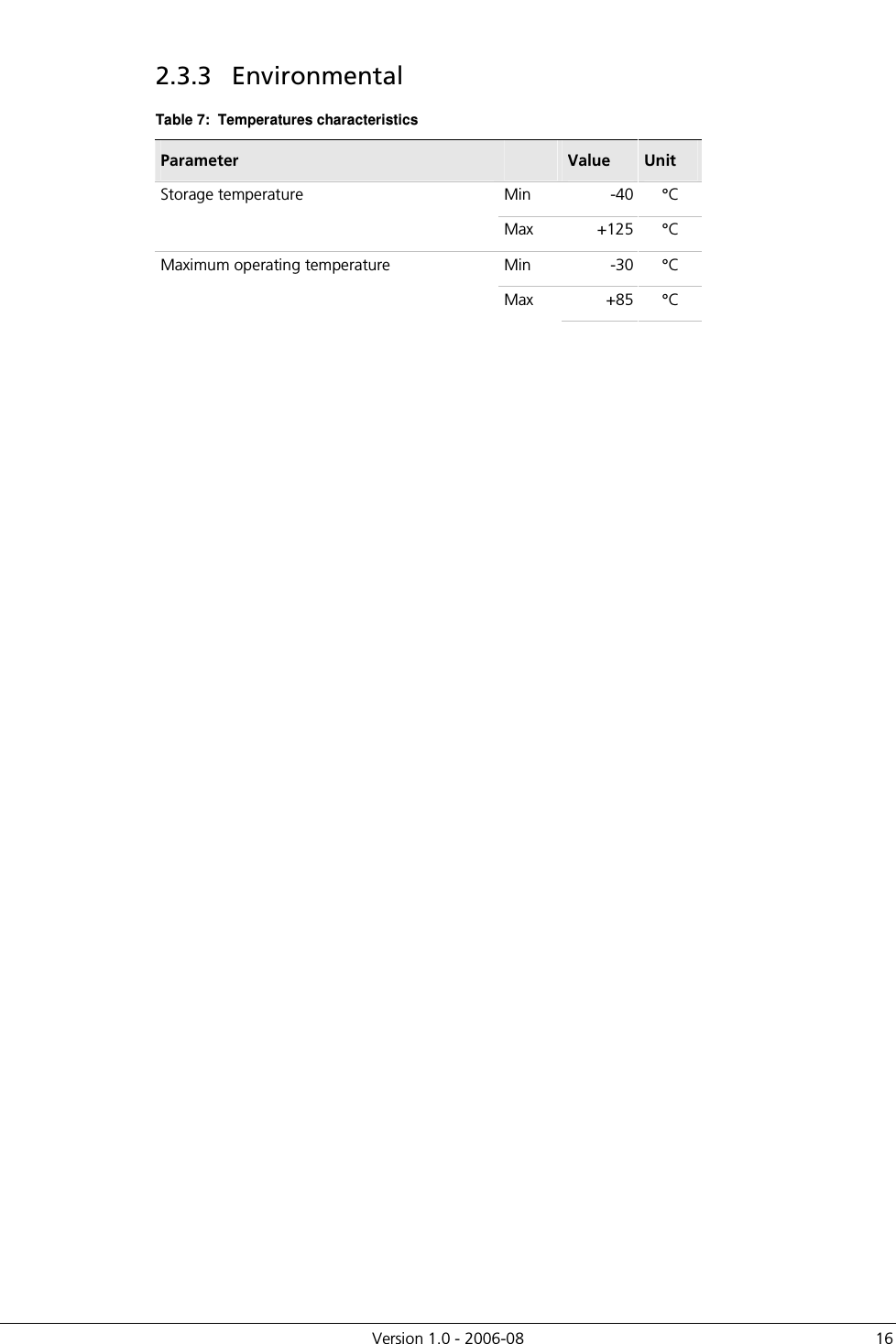          Version 1.0 - 2006-08  16 2.3.3  Environmental Table 7:  Temperatures characteristics Parameter    Value  Unit Min  -40 °C Storage temperature Max  +125 °C Min  -30 °C Maximum operating temperature Max  +85 °C  