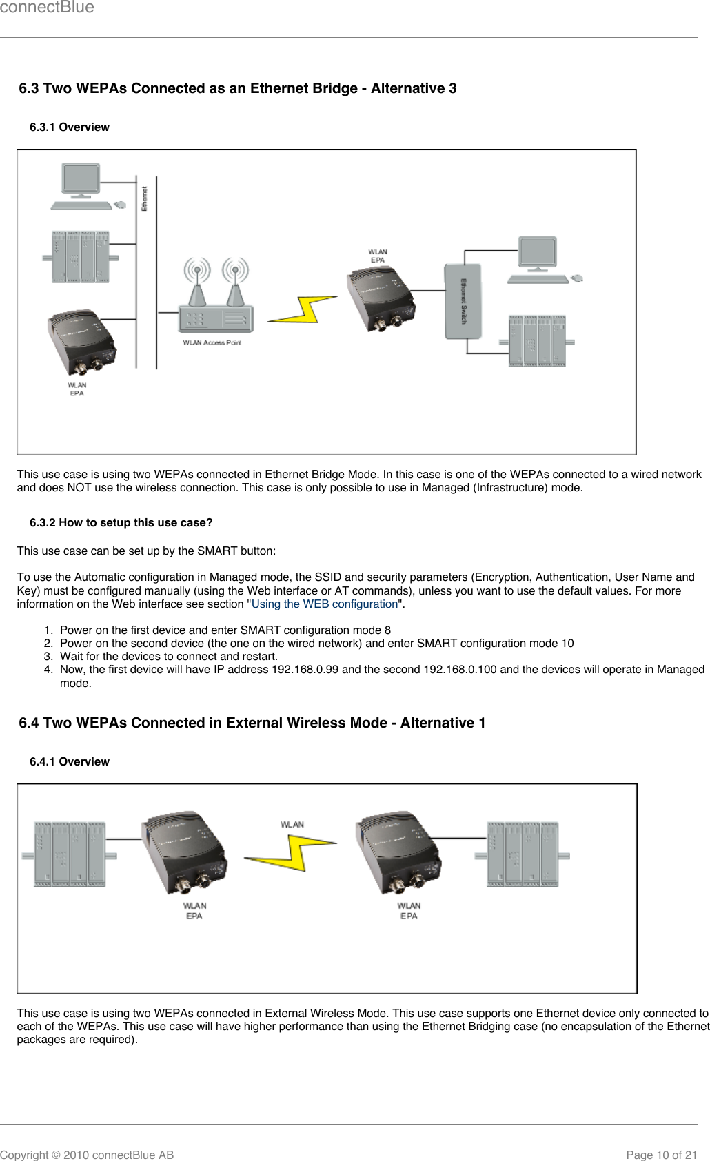 connectBlueCopyright © 2010 connectBlue AB Page 10 of 211.  2.  3.  4.  6.3 Two WEPAs Connected as an Ethernet Bridge - Alternative 36.3.1 OverviewThis use case is using two WEPAs connected in Ethernet Bridge Mode. In this case is one of the WEPAs connected to a wired networkand does NOT use the wireless connection. This case is only possible to use in Managed (Infrastructure) mode.6.3.2 How to setup this use case?This use case can be set up by the SMART button:To use the Automatic configuration in Managed mode, the SSID and security parameters (Encryption, Authentication, User Name andKey) must be configured manually (using the Web interface or AT commands), unless you want to use the default values. For moreinformation on the Web interface see section &quot; &quot;.Using the WEB configurationPower on the first device and enter SMART configuration mode 8Power on the second device (the one on the wired network) and enter SMART configuration mode 10Wait for the devices to connect and restart.Now, the first device will have IP address 192.168.0.99 and the second 192.168.0.100 and the devices will operate in Managedmode.6.4 Two WEPAs Connected in External Wireless Mode - Alternative 16.4.1 OverviewThis use case is using two WEPAs connected in External Wireless Mode. This use case supports one Ethernet device only connected toeach of the WEPAs. This use case will have higher performance than using the Ethernet Bridging case (no encapsulation of the Ethernetpackages are required).