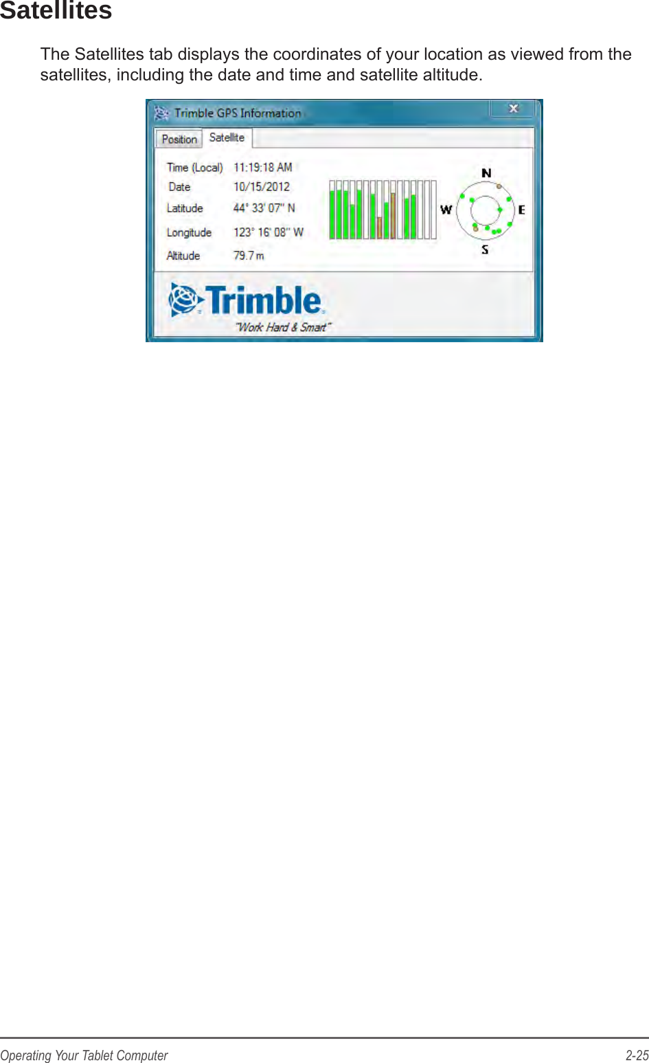 2-25Operating Your Tablet ComputerSatellitesThe Satellites tab displays the coordinates of your location as viewed from the satellites, including the date and time and satellite altitude. 
