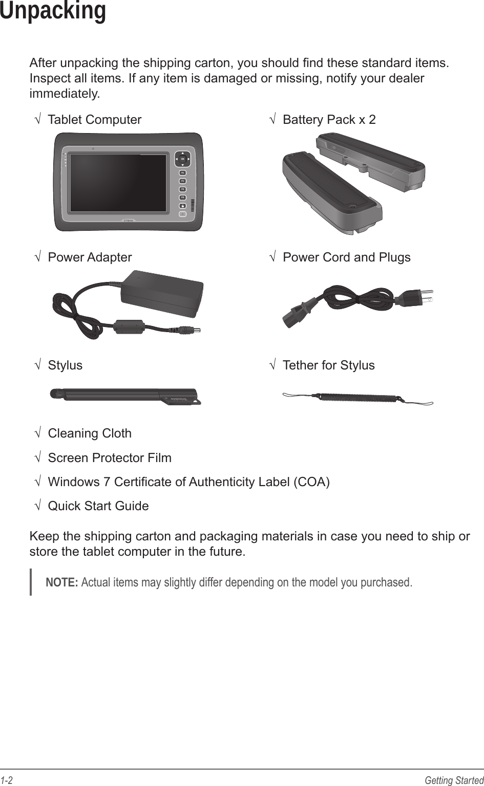 1-2 Getting StartedUnpackingAfter unpacking the shipping carton, you should nd these standard items. Inspect all items. If any item is damaged or missing, notify your dealer immediately.√  Tablet Computer √  Battery Pack x 2OKFnF1F2F3√  Power Adapter √  Power Cord and Plugs√  Stylus √  Tether for Stylus√  Cleaning Cloth√  Screen Protector Film√  Windows 7 Certicate of Authenticity Label (COA)√  Quick Start GuideKeep the shipping carton and packaging materials in case you need to ship or store the tablet computer in the future.NOTE: Actual items may slightly differ depending on the model you purchased.