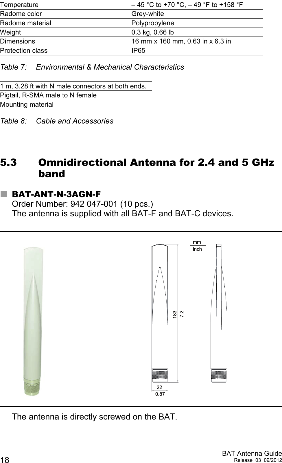 18 BAT Antenna GuideRelease 03 09/20125.3 Omnidirectional Antenna for 2.4 and 5 GHz bandBAT-ANT-N-3AGN-FOrder Number: 942 047-001 (10 pcs.)The antenna is supplied with all BAT-F and BAT-C devices.The antenna is directly screwed on the BAT. Temperature  – 45 °C to +70 °C, – 49 °F to +158 °FRadome color  Grey-whiteRadome material  PolypropyleneWeight  0.3 kg, 0.66 lbDimensions  16 mm x 160 mm, 0.63 in x 6.3 inProtection class IP65Table 7: Environmental &amp; Mechanical Characteristics1 m, 3.28 ft with N male connectors at both ends.Pigtail, R-SMA male to N femaleMounting materialTable 8: Cable and Accessories7.20.87mminch18322