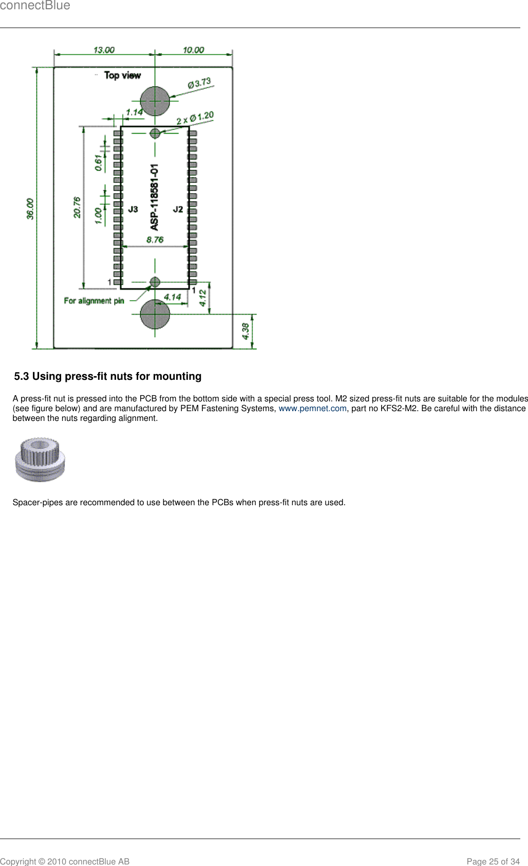 connectBlueCopyright © 2010 connectBlue AB Page 25 of 345.3 Using press-fit nuts for mountingA press-fit nut is pressed into the PCB from the bottom side with a special press tool. M2 sized press-fit nuts are suitable for the modules(see figure below) and are manufactured by PEM Fastening Systems,  , part no KFS2-M2. Be careful with the distancewww.pemnet.combetween the nuts regarding alignment.Spacer-pipes are recommended to use between the PCBs when press-fit nuts are used. 