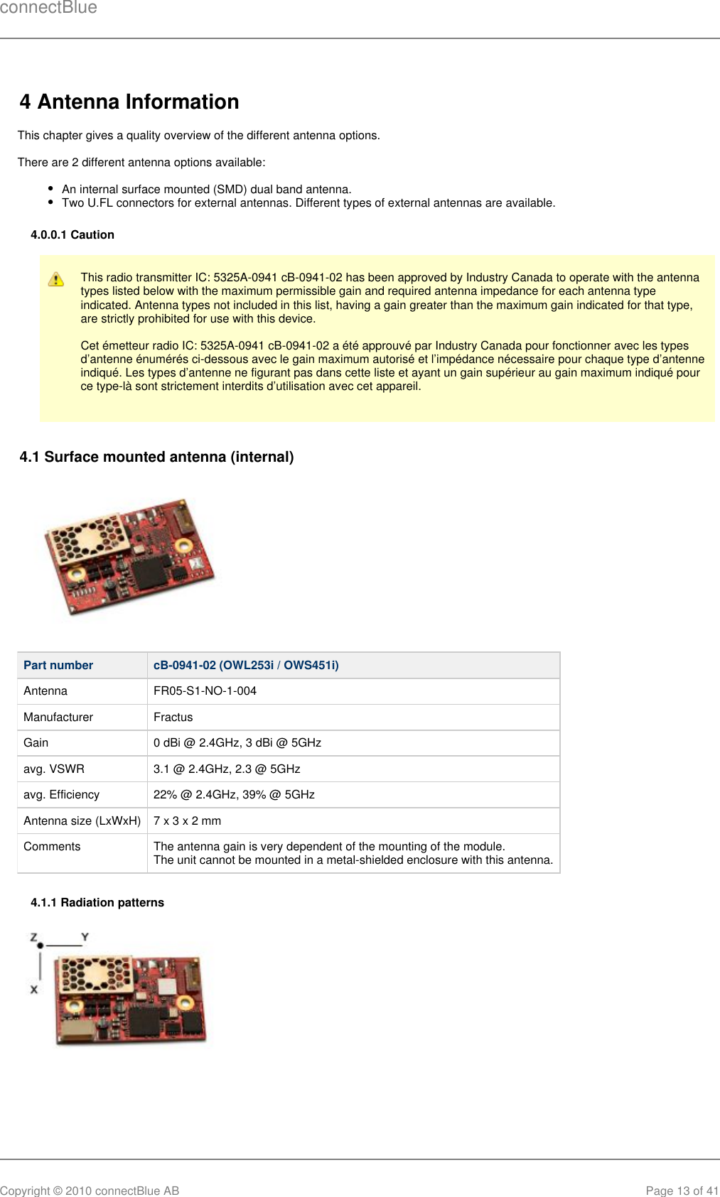 connectBlueCopyright © 2010 connectBlue AB Page 13 of 414 Antenna InformationThis chapter gives a quality overview of the different antenna options.There are 2 different antenna options available:An internal surface mounted (SMD) dual band antenna.Two U.FL connectors for external antennas. Different types of external antennas are available. 4.0.0.1 CautionThis radio transmitter IC: 5325A-0941 cB-0941-02 has been approved by Industry Canada to operate with the antennatypes listed below with the maximum permissible gain and required antenna impedance for each antenna typeindicated. Antenna types not included in this list, having a gain greater than the maximum gain indicated for that type,are strictly prohibited for use with this device.Cet émetteur radio IC: 5325A-0941 cB-0941-02 a été approuvé par Industry Canada pour fonctionner avec les typesd’antenne énumérés ci-dessous avec le gain maximum autorisé et l’impédance nécessaire pour chaque type d’antenneindiqué. Les types d’antenne ne figurant pas dans cette liste et ayant un gain supérieur au gain maximum indiqué pource type-là sont strictement interdits d’utilisation avec cet appareil.4.1 Surface mounted antenna (internal)Part number cB-0941-02 (OWL253i / OWS451i)Antenna FR05-S1-NO-1-004Manufacturer FractusGain 0 dBi @ 2.4GHz, 3 dBi @ 5GHzavg. VSWR 3.1 @ 2.4GHz, 2.3 @ 5GHzavg. Efficiency 22% @ 2.4GHz, 39% @ 5GHzAntenna size (LxWxH) 7 x 3 x 2 mmComments The antenna gain is very dependent of the mounting of the module. The unit cannot be mounted in a metal-shielded enclosure with this antenna.4.1.1 Radiation patterns