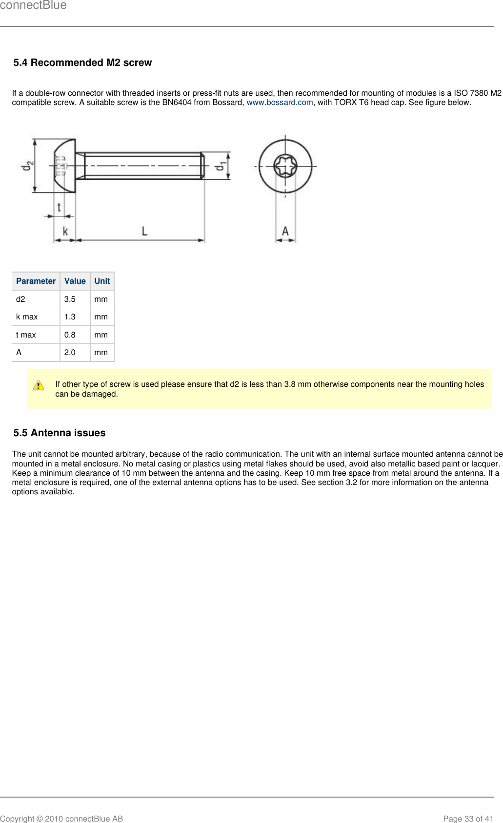 connectBlueCopyright © 2010 connectBlue AB Page 33 of 415.4 Recommended M2 screwIf a double-row connector with threaded inserts or press-fit nuts are used, then recommended for mounting of modules is a ISO 7380 M2compatible screw. A suitable screw is the BN6404 from Bossard,  , with TORX T6 head cap. See figure below.www.bossard.comParameter Value Unitd2 3.5 mmk max 1.3 mmt max 0.8 mmA 2.0 mmIf other type of screw is used please ensure that d2 is less than 3.8 mm otherwise components near the mounting holescan be damaged.5.5 Antenna issuesThe unit cannot be mounted arbitrary, because of the radio communication. The unit with an internal surface mounted antenna cannot bemounted in a metal enclosure. No metal casing or plastics using metal flakes should be used, avoid also metallic based paint or lacquer.Keep a minimum clearance of 10 mm between the antenna and the casing. Keep 10 mm free space from metal around the antenna. If ametal enclosure is required, one of the external antenna options has to be used. See section 3.2 for more information on the antennaoptions available.