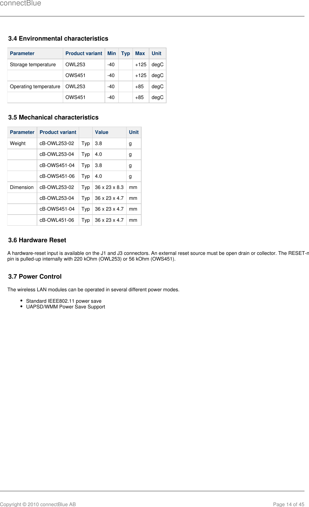 connectBlueCopyright © 2010 connectBlue AB Page 14 of 453.4 Environmental characteristicsParameter Product variant Min Typ Max UnitStorage temperature OWL253 -40   +125 degC  OWS451 -40   +125 degCOperating temperature OWL253 -40   +85 degC  OWS451 -40   +85 degC3.5 Mechanical characteristicsParameter Product variant   Value UnitWeight cB-OWL253-02 Typ 3.8 g  cB-OWL253-04 Typ 4.0 g  cB-OWS451-04 Typ 3.8 g  cB-OWS451-06 Typ 4.0 gDimension cB-OWL253-02 Typ 36 x 23 x 8.3 mm  cB-OWL253-04 Typ 36 x 23 x 4.7 mm  cB-OWS451-04 Typ 36 x 23 x 4.7 mm  cB-OWL451-06 Typ 36 x 23 x 4.7 mm3.6 Hardware ResetA hardware-reset input is available on the J1 and J3 connectors. An external reset source must be open drain or collector. The RESET-npin is pulled-up internally with 220 kOhm (OWL253) or 56 kOhm (OWS451).3.7 Power ControlThe wireless LAN modules can be operated in several different power modes.Standard IEEE802.11 power saveUAPSD/WMM Power Save Support