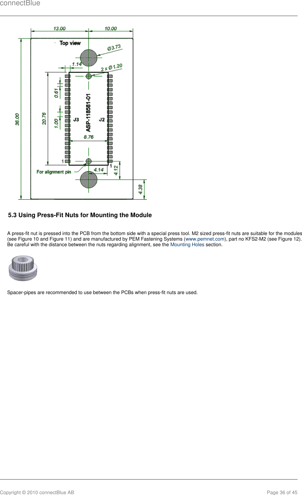 connectBlueCopyright © 2010 connectBlue AB Page 36 of 455.3 Using Press-Fit Nuts for Mounting the ModuleA press-fit nut is pressed into the PCB from the bottom side with a special press tool. M2 sized press-fit nuts are suitable for the modules(see Figure 10 and Figure 11) and are manufactured by PEM Fastening Systems ( ), part no KFS2-M2 (see Figure 12).www.pemnet.comBe careful with the distance between the nuts regarding alignment, see the   section.Mounting HolesSpacer-pipes are recommended to use between the PCBs when press-fit nuts are used.