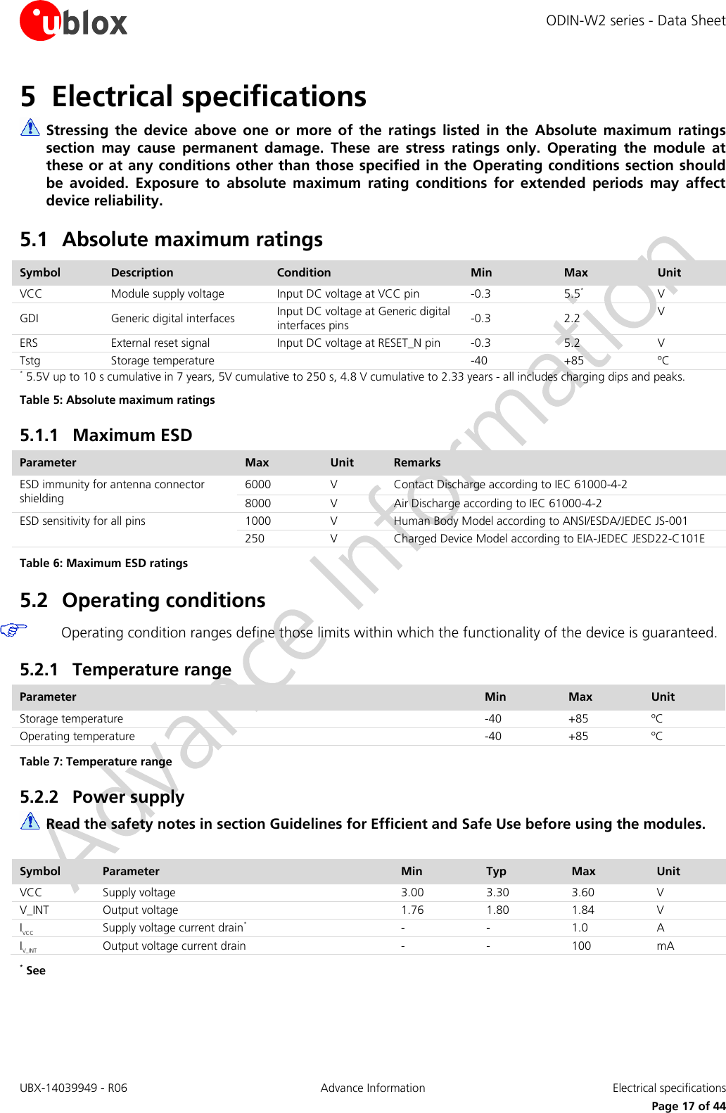 ODIN-W2 series - Data Sheet UBX-14039949 - R06 Advance Information  Electrical specifications     Page 17 of 44 5 Electrical specifications  Stressing  the  device  above  one  or  more  of  the  ratings  listed  in  the  Absolute  maximum  ratings section  may  cause  permanent  damage.  These  are  stress  ratings  only.  Operating  the  module  at these or at any conditions other than those specified in the  Operating conditions section should be  avoided.  Exposure  to  absolute  maximum  rating  conditions  for  extended  periods  may  affect device reliability. 5.1 Absolute maximum ratings Symbol Description Condition Min Max Unit VCC Module supply voltage Input DC voltage at VCC pin -0.3   5.5* V GDI Generic digital interfaces Input DC voltage at Generic digital interfaces pins -0.3 2.2 V ERS External reset signal Input DC voltage at RESET_N pin -0.3 5.2 V Tstg Storage temperature   -40 +85 ºC * 5.5V up to 10 s cumulative in 7 years, 5V cumulative to 250 s, 4.8 V cumulative to 2.33 years - all includes charging dips and peaks. Table 5: Absolute maximum ratings 5.1.1 Maximum ESD Parameter Max Unit Remarks ESD immunity for antenna connector shielding 6000   V Contact Discharge according to IEC 61000-4-2 8000 V Air Discharge according to IEC 61000-4-2 ESD sensitivity for all pins  1000 V Human Body Model according to ANSI/ESDA/JEDEC JS-001 250 V Charged Device Model according to EIA-JEDEC JESD22-C101E Table 6: Maximum ESD ratings 5.2 Operating conditions  Operating condition ranges define those limits within which the functionality of the device is guaranteed. 5.2.1 Temperature range Parameter Min Max Unit Storage temperature -40 +85 ºC Operating temperature -40 +85 ºC Table 7: Temperature range 5.2.2 Power supply  Read the safety notes in section Guidelines for Efficient and Safe Use before using the modules.  Symbol Parameter Min Typ Max Unit VCC Supply voltage 3.00 3.30 3.60 V V_INT Output voltage 1.76 1.80 1.84 V IVCC Supply voltage current drain* - -  1.0 A IV_INT Output voltage current drain - - 100 mA * See    