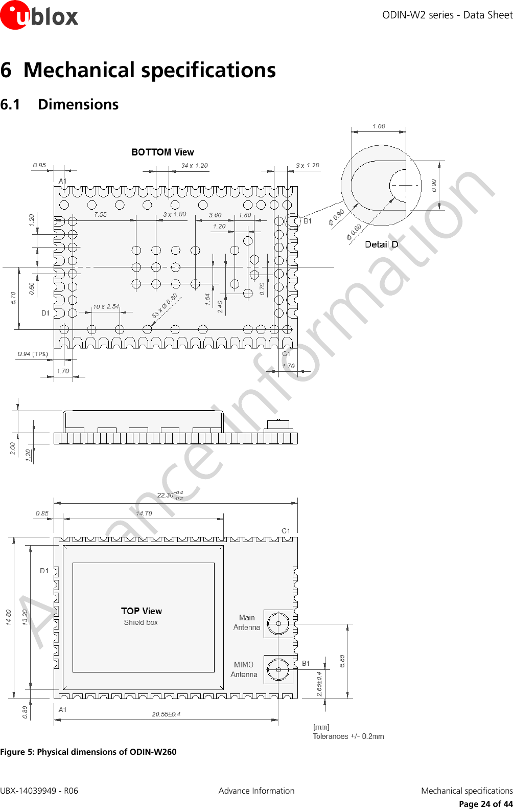 ODIN-W2 series - Data Sheet UBX-14039949 - R06 Advance Information  Mechanical specifications     Page 24 of 44 6 Mechanical specifications 6.1 Dimensions  Figure 5: Physical dimensions of ODIN-W260 