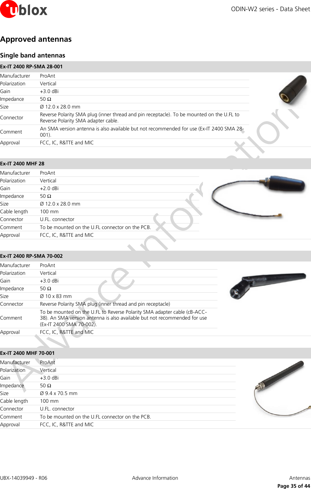 ODIN-W2 series - Data Sheet UBX-14039949 - R06 Advance Information  Antennas     Page 35 of 44 Approved antennas Single band antennas Ex-IT 2400 RP-SMA 28-001  Manufacturer ProAnt  Polarization Vertical Gain +3.0 dBi Impedance 50 Ω Size Ø 12.0 x 28.0 mm Connector Reverse Polarity SMA plug (inner thread and pin receptacle). To be mounted on the U.FL to Reverse Polarity SMA adapter cable. Comment An SMA version antenna is also available but not recommended for use (Ex-IT 2400 SMA 28-001). Approval FCC, IC, R&amp;TTE and MIC  Ex-IT 2400 MHF 28  Manufacturer ProAnt  Polarization Vertical Gain +2.0 dBi Impedance 50 Ω Size Ø 12.0 x 28.0 mm Cable length 100 mm Connector U.FL. connector  Comment To be mounted on the U.FL connector on the PCB.  Approval FCC, IC, R&amp;TTE and MIC  Ex-IT 2400 RP-SMA 70-002  Manufacturer ProAnt  Polarization Vertical Gain +3.0 dBi Impedance 50 Ω Size Ø 10 x 83 mm Connector Reverse Polarity SMA plug (inner thread and pin receptacle) Comment To be mounted on the U.FL to Reverse Polarity SMA adapter cable (cB-ACC-38). An SMA version antenna is also available but not recommended for use (Ex-IT 2400 SMA 70-002). Approval FCC, IC, R&amp;TTE and MIC  Ex-IT 2400 MHF 70-001  Manufacturer ProAnt  Polarization Vertical Gain +3.0 dBi Impedance 50 Ω Size Ø 9.4 x 70.5 mm Cable length 100 mm Connector U.FL. connector  Comment To be mounted on the U.FL connector on the PCB.  Approval FCC, IC, R&amp;TTE and MIC   