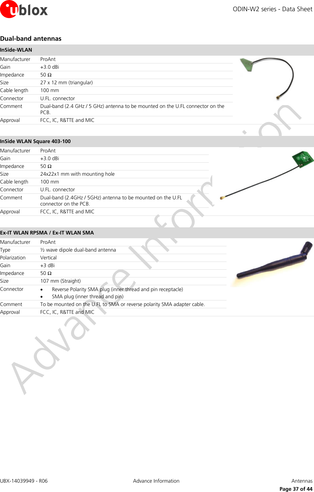 ODIN-W2 series - Data Sheet UBX-14039949 - R06 Advance Information  Antennas     Page 37 of 44 Dual-band antennas InSide-WLAN  Manufacturer ProAnt  Gain +3.0 dBi Impedance 50 Ω Size 27 x 12 mm (triangular) Cable length 100 mm Connector U.FL. connector  Comment Dual-band (2.4 GHz / 5 GHz) antenna to be mounted on the U.FL connector on the PCB.  Approval FCC, IC, R&amp;TTE and MIC  InSide WLAN Square 403-100  Manufacturer ProAnt  Gain +3.0 dBi Impedance 50 Ω Size 24x22x1 mm with mounting hole Cable length 100 mm Connector U.FL. connector  Comment Dual-band (2.4GHz / 5GHz) antenna to be mounted on the U.FL connector on the PCB.  Approval FCC, IC, R&amp;TTE and MIC  Ex-IT WLAN RPSMA / Ex-IT WLAN SMA  Manufacturer ProAnt  Type ½ wave dipole dual-band antenna Polarization Vertical Gain +3 dBi Impedance 50 Ω Size 107 mm (Straight) Connector  Reverse Polarity SMA plug (inner thread and pin receptacle)  SMA plug (inner thread and pin) Comment To be mounted on the U.FL to SMA or reverse polarity SMA adapter cable. Approval FCC, IC, R&amp;TTE and MIC    