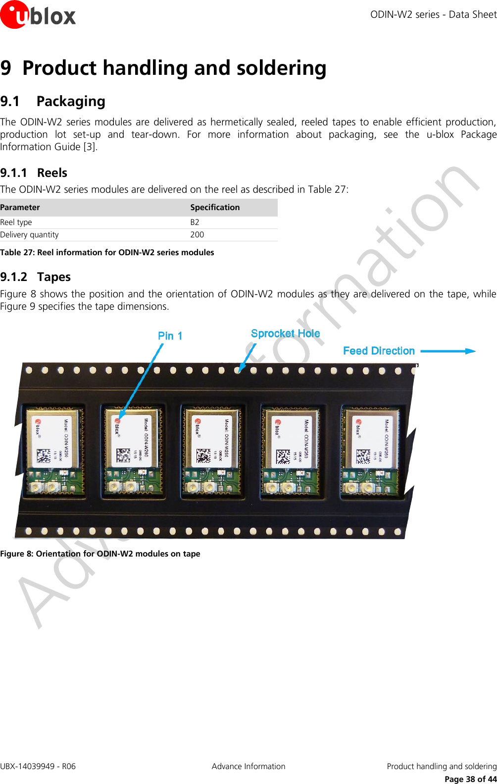 ODIN-W2 series - Data Sheet UBX-14039949 - R06 Advance Information  Product handling and soldering     Page 38 of 44 9 Product handling and soldering 9.1 Packaging The  ODIN-W2 series modules  are delivered as hermetically sealed,  reeled tapes to enable efficient production, production  lot  set-up  and  tear-down.  For  more  information  about  packaging,  see  the  u-blox  Package Information Guide [3]. 9.1.1 Reels  The ODIN-W2 series modules are delivered on the reel as described in Table 27: Parameter Specification Reel type B2 Delivery quantity 200 Table 27: Reel information for ODIN-W2 series modules 9.1.2 Tapes Figure 8 shows the position and the orientation of ODIN-W2 modules as they are delivered on the tape, while Figure 9 specifies the tape dimensions.  Figure 8: Orientation for ODIN-W2 modules on tape 