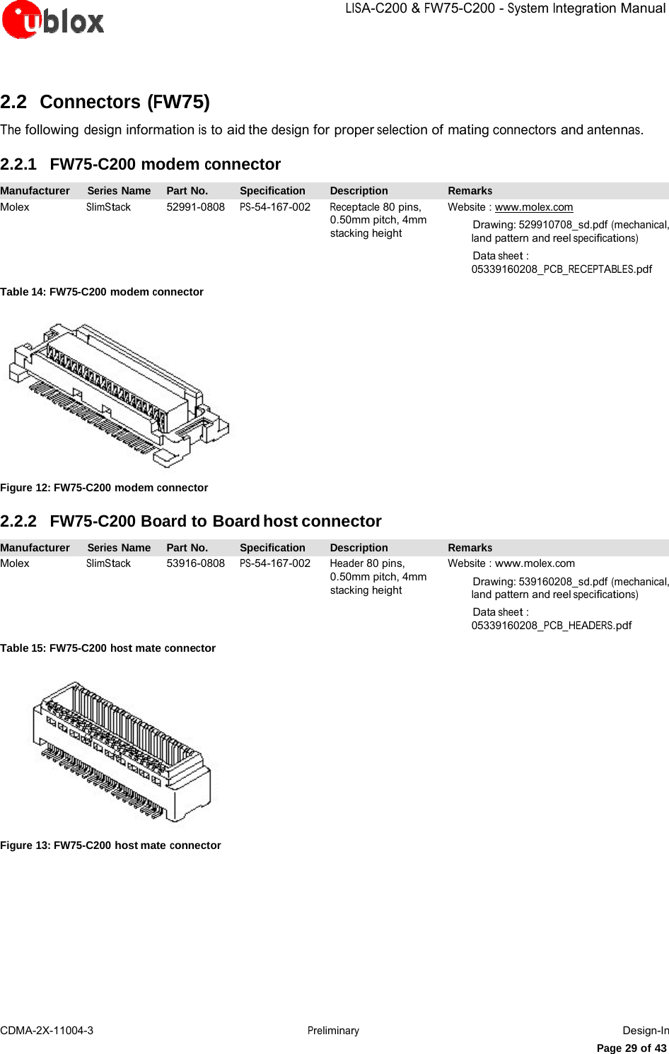 LISA-C200&amp;FW75-C200-System IntegrationManualCDMA-2X-11004-3 PreliminaryDesign-InPage 29 of 432.2  Connectors (FW75) The following design information is to aid the design for proper selection of mating connectors and antennas. 2.2.1  FW75-C200 modem connector Manufacturer  Series Name Part No. Specification  Description  Remarks Molex SlimStack 52991-0808 PS-54-167-002 Receptacle 80 pins, 0.50mm pitch, 4mm stacking height Website : www.molex.com    Drawing: 529910708_sd.pdf (mechanical, land pattern and reel specifications)    Data sheet : 05339160208_PCB_RECEPTABLES.pdf Table 14: FW75-C200 modem connector  Figure 12: FW75-C200 modem connector 2.2.2  FW75-C200 Board to Board host connector Manufacturer  Series Name Part No. Specification  Description  Remarks Molex SlimStack 53916-0808 PS-54-167-002 Header 80 pins, 0.50mm pitch, 4mm stacking height Website : www.molex.com    Drawing: 539160208_sd.pdf (mechanical, land pattern and reel specifications)    Data sheet : 05339160208_PCB_HEADERS.pdf Table 15: FW75-C200 host mate connector  Figure 13: FW75-C200 host mate connector 