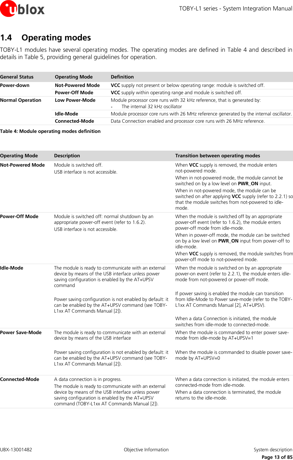 TOBY-L1 series - System Integration Manual UBX-13001482  Objective Information  System description     Page 13 of 85 1.4 Operating modes TOBY-L1 modules have several operating modes. The operating modes are defined in Table 4 and described in details in Table 5, providing general guidelines for operation.  General Status Operating Mode Definition Power-down Not-Powered Mode VCC supply not present or below operating range: module is switched off.  Power-Off Mode VCC supply within operating range and module is switched off. Normal Operation Low Power-Mode Module processor core runs with 32 kHz reference, that is generated by:  The internal 32 kHz oscillator  Idle-Mode Module processor core runs with 26 MHz reference generated by the internal oscillator.  Connected-Mode Data Connection enabled and processor core runs with 26 MHz reference. Table 4: Module operating modes definition  Operating Mode Description Transition between operating modes Not-Powered Mode Module is switched off. USB interface is not accessible.  When VCC supply is removed, the module enters not-powered mode. When in not-powered mode, the module cannot be switched on by a low level on PWR_ON input. When in not-powered mode, the module can be switched on after applying VCC supply (refer to 2.2.1) so that the module switches from not-powered to idle-mode. Power-Off Mode Module is switched off: normal shutdown by an appropriate power-off event (refer to 1.6.2). USB interface is not accessible.  When the module is switched off by an appropriate power-off event (refer to 1.6.2), the module enters power-off mode from idle-mode. When in power-off mode, the module can be switched on by a low level on PWR_ON input from power-off to idle-mode. When VCC supply is removed, the module switches from power-off mode to not-powered mode. Idle-Mode The module is ready to communicate with an external device by means of the USB interface unless power saving configuration is enabled by the AT+UPSV command   Power saving configuration is not enabled by default: it can be enabled by the AT+UPSV command (see TOBY-L1xx AT Commands Manual [2]).  When the module is switched on by an appropriate power-on event (refer to 2.2.1), the module enters idle-mode from not-powered or power-off mode.  If power saving is enabled the module can transition from Idle-Mode to Power save-mode (refer to the TOBY-L1xx AT Commands Manual [2], AT+UPSV).  When a data Connection is initiated, the module switches from idle-mode to connected-mode. Power Save-Mode The module is ready to communicate with an external device by means of the USB interface  Power saving configuration is not enabled by default: it can be enabled by the AT+UPSV command (see TOBY-L1xx AT Commands Manual [2]).  When the module is commanded to enter power save-mode from idle-mode by AT+UPSV=1  When the module is commanded to disable power save-mode by AT+UPSV=0   Connected-Mode A data connection is in progress. The module is ready to communicate with an external device by means of the USB interface unless power saving configuration is enabled by the AT+UPSV command (TOBY-L1xx AT Commands Manual [2]). When a data connection is initiated, the module enters connected-mode from idle-mode. When a data connection is terminated, the module returns to the idle-mode. 