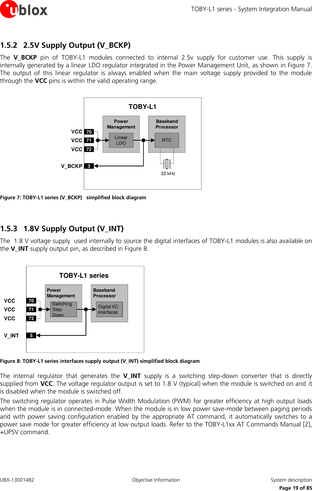 TOBY-L1 series - System Integration Manual UBX-13001482  Objective Information  System description     Page 19 of 85 1.5.2 2.5V Supply Output (V_BCKP) The  V_BCKP  pin  of  TOBY-L1  modules  connected  to  internal  2.5v  supply  for  customer  use.  This  supply  is internally generated by a linear LDO regulator integrated in the Power Management Unit, as shown in Figure 7. The  output  of  this  linear  regulator  is  always  enabled  when  the  main  voltage  supply  provided  to  the  module through the VCC pins is within the valid operating range.  Baseband Processor70VCC71VCC72VCC3V_BCKPLinear LDO RTCPower ManagementTOBY-L132 kHz Figure 7: TOBY-L1 series (V_BCKP)   simplified block diagram  1.5.3 1.8V Supply Output (V_INT) The  1.8 V voltage supply  used internally to source the digital interfaces of TOBY-L1 modules is also available on the V_INT supply output pin, as described in Figure 8.  Baseband Processor70VCC71VCC72VCC5V_INTSwitchingStep-DownDigital I/O InterfacesPower ManagementTOBY-L1 series Figure 8: TOBY-L1 series interfaces supply output (V_INT) simplified block diagram The  internal  regulator  that  generates  the  V_INT  supply  is  a  switching  step-down  converter  that  is  directly supplied from VCC. The voltage regulator output is set to 1.8 V (typical) when the module is switched on and  it is disabled when the module is switched off. The switching regulator operates in Pulse Width Modulation (PWM)  for greater efficiency at high output loads when the module is in connected-mode. When the module is in low power save-mode between paging periods and with  power  saving  configuration enabled  by  the appropriate  AT  command,  it automatically switches  to  a power save mode for greater efficiency at low output loads. Refer to the TOBY-L1xx AT Commands Manual [2], +UPSV command.  