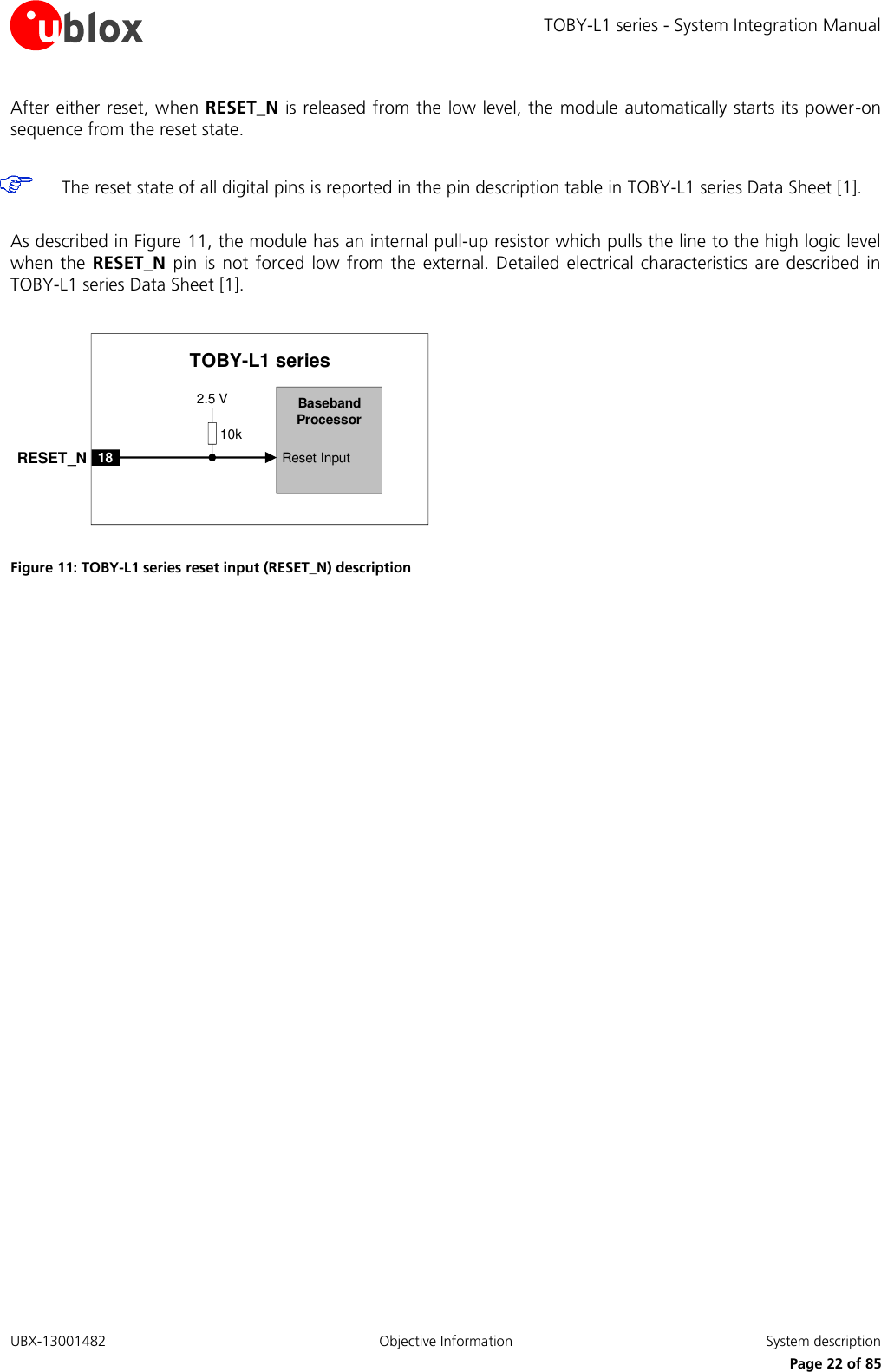 TOBY-L1 series - System Integration Manual UBX-13001482  Objective Information  System description     Page 22 of 85 After either reset, when RESET_N is released from the low level, the module automatically starts its power-on sequence from the reset state.   The reset state of all digital pins is reported in the pin description table in TOBY-L1 series Data Sheet [1].  As described in Figure 11, the module has an internal pull-up resistor which pulls the line to the high logic level when the RESET_N pin  is not forced  low from the  external. Detailed  electrical characteristics are described in TOBY-L1 series Data Sheet [1].  Baseband Processor18RESET_N Reset InputTOBY-L1 series10k2.5 V Figure 11: TOBY-L1 series reset input (RESET_N) description   