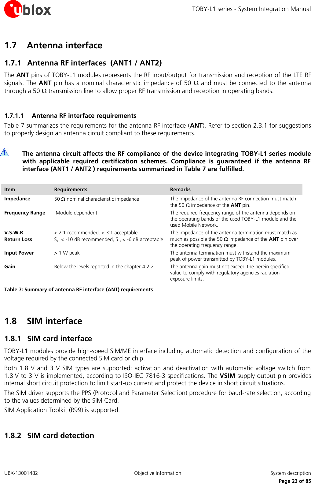 TOBY-L1 series - System Integration Manual UBX-13001482  Objective Information  System description     Page 23 of 85 1.7 Antenna interface 1.7.1 Antenna RF interfaces  (ANT1 / ANT2) The ANT pins of TOBY-L1 modules represents the RF input/output for transmission and reception of the LTE RF signals. The ANT pin has a  nominal characteristic impedance of 50   and must be connected to the antenna through a 50  transmission line to allow proper RF transmission and reception in operating bands.  1.7.1.1 Antenna RF interface requirements Table 7 summarizes the requirements for the antenna RF interface (ANT). Refer to section 2.3.1 for suggestions to properly design an antenna circuit compliant to these requirements.   The antenna circuit affects the RF compliance of the device integrating  TOBY-L1 series module with  applicable  required  certification  schemes.  Compliance  is  guaranteed  if  the  antenna  RF interface (ANT1 / ANT2 ) requirements summarized in Table 7 are fulfilled.  Item Requirements Remarks Impedance 50  nominal characteristic impedance The impedance of the antenna RF connection must match the 50  impedance of the ANT pin. Frequency Range  Module dependent  The required frequency range of the antenna depends on the operating bands of the used TOBY-L1 module and the used Mobile Network. V.S.W.R Return Loss &lt; 2:1 recommended, &lt; 3:1 acceptable S11 &lt; -10 dB recommended, S11 &lt; -6 dB acceptable The impedance of the antenna termination must match as much as possible the 50  impedance of the ANT pin over the operating frequency range. Input Power &gt; 1 W peak The antenna termination must withstand the maximum peak of power transmitted by TOBY-L1 modules. Gain Below the levels reported in the chapter 4.2.2 The antenna gain must not exceed the herein specified value to comply with regulatory agencies radiation exposure limits. Table 7: Summary of antenna RF interface (ANT) requirements  1.8 SIM interface 1.8.1 SIM card interface TOBY-L1 modules provide high-speed SIM/ME interface including automatic detection and configuration of the voltage required by the connected SIM card or chip. Both 1.8 V  and 3  V SIM types are supported:  activation  and  deactivation with  automatic  voltage switch  from 1.8 V to 3 V is implemented, according to ISO-IEC 7816-3 specifications. The VSIM supply output pin provides internal short circuit protection to limit start-up current and protect the device in short circuit situations. The SIM driver supports the PPS (Protocol and Parameter Selection) procedure for baud-rate selection, according to the values determined by the SIM Card. SIM Application Toolkit (R99) is supported.  1.8.2 SIM card detection  