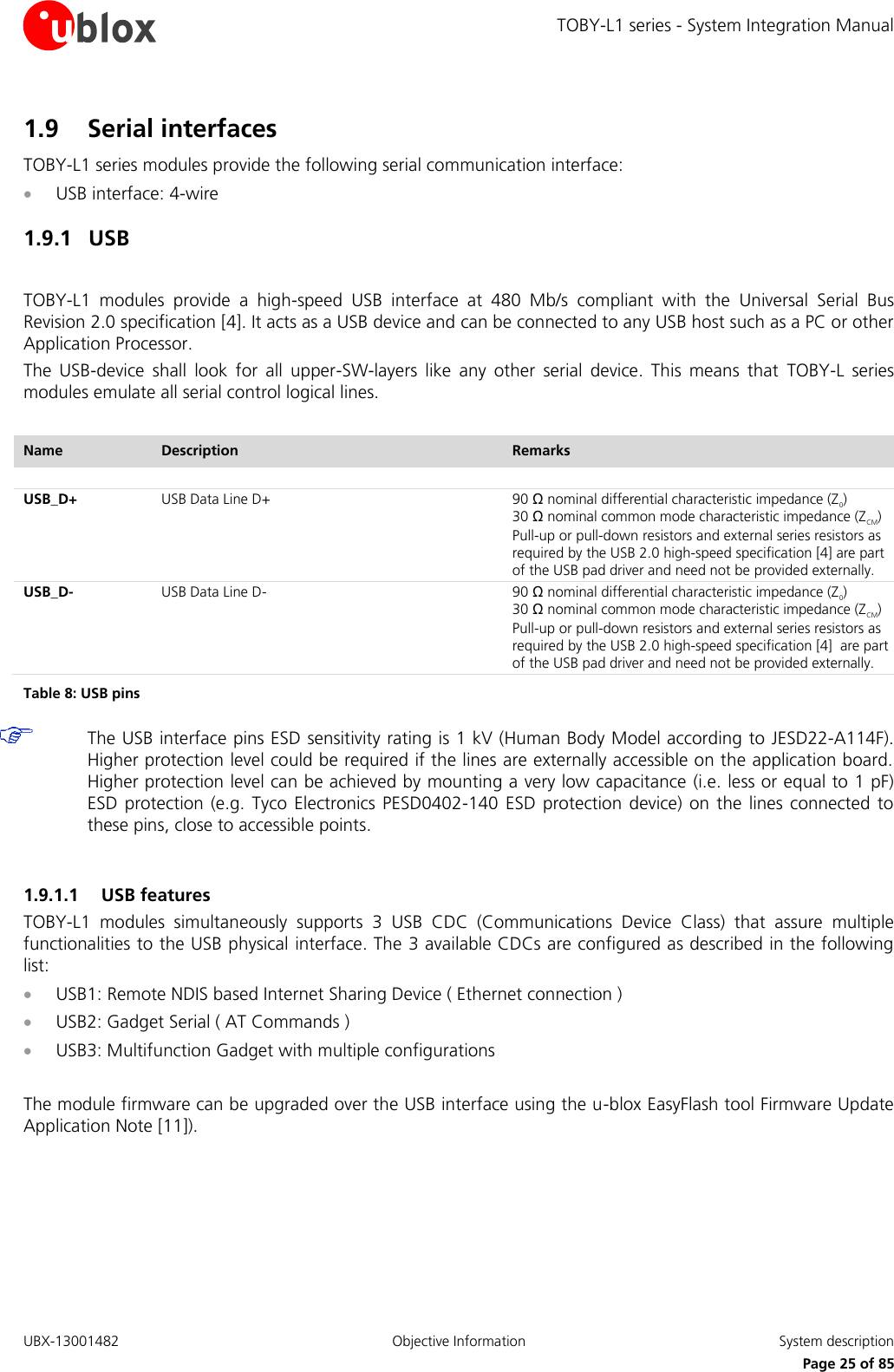 TOBY-L1 series - System Integration Manual UBX-13001482  Objective Information  System description     Page 25 of 85 1.9 Serial interfaces TOBY-L1 series modules provide the following serial communication interface:  USB interface: 4-wire 1.9.1 USB  TOBY-L1  modules  provide  a  high-speed  USB  interface  at  480  Mb/s  compliant  with  the  Universal  Serial  Bus Revision 2.0 specification [4]. It acts as a USB device and can be connected to any USB host such as a PC or other Application Processor. The  USB-device  shall  look  for  all  upper-SW-layers  like  any  other  serial  device.  This  means  that  TOBY-L  series modules emulate all serial control logical lines.  Name Description Remarks    USB_D+ USB Data Line D+ 90 Ω nominal differential characteristic impedance (Z0) 30 Ω nominal common mode characteristic impedance (ZCM) Pull-up or pull-down resistors and external series resistors as required by the USB 2.0 high-speed specification [4] are part of the USB pad driver and need not be provided externally. USB_D- USB Data Line D- 90 Ω nominal differential characteristic impedance (Z0) 30 Ω nominal common mode characteristic impedance (ZCM) Pull-up or pull-down resistors and external series resistors as required by the USB 2.0 high-speed specification [4]  are part of the USB pad driver and need not be provided externally. Table 8: USB pins  The USB interface pins ESD sensitivity rating is 1 kV (Human Body Model according to JESD22-A114F). Higher protection level could be required if the lines are externally accessible on the application board. Higher protection level can be achieved by mounting a very low capacitance  (i.e. less or equal to 1 pF) ESD  protection (e.g.  Tyco  Electronics  PESD0402-140  ESD protection  device)  on the  lines  connected  to these pins, close to accessible points.  1.9.1.1 USB features TOBY-L1  modules  simultaneously  supports  3  USB  CDC  (Communications  Device  Class)  that  assure  multiple functionalities to the USB physical interface. The 3 available CDCs are configured as described in the following list:   USB1: Remote NDIS based Internet Sharing Device ( Ethernet connection )  USB2: Gadget Serial ( AT Commands )  USB3: Multifunction Gadget with multiple configurations  The module firmware can be upgraded over the USB interface using the u-blox EasyFlash tool Firmware Update Application Note [11]).      