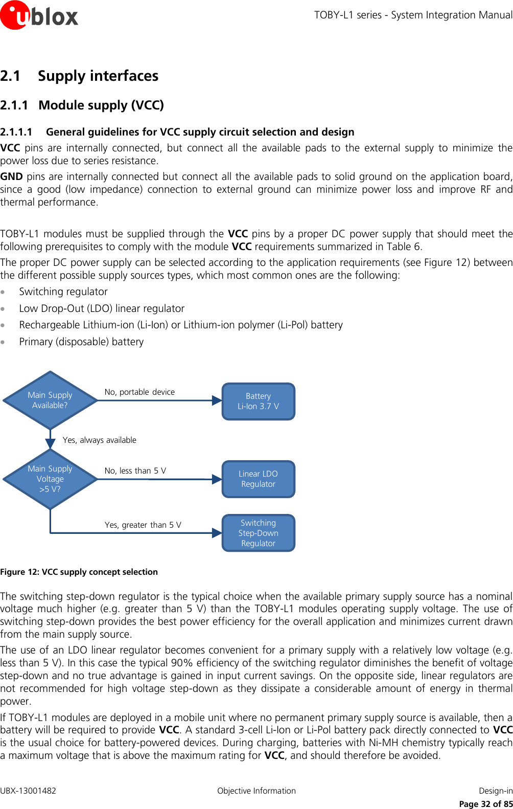 TOBY-L1 series - System Integration Manual UBX-13001482  Objective Information  Design-in     Page 32 of 85 2.1 Supply interfaces 2.1.1 Module supply (VCC) 2.1.1.1 General guidelines for VCC supply circuit selection and design VCC  pins  are  internally  connected,  but  connect  all  the  available  pads  to  the  external  supply  to  minimize  the power loss due to series resistance. GND pins are internally connected but connect all the available pads to solid ground on the application board, since  a  good  (low  impedance)  connection  to  external  ground  can  minimize  power  loss  and  improve  RF  and thermal performance.  TOBY-L1 modules must be supplied through the VCC pins by a proper DC power supply that  should meet the following prerequisites to comply with the module VCC requirements summarized in Table 6. The proper DC power supply can be selected according to the application requirements (see Figure 12) between the different possible supply sources types, which most common ones are the following:  Switching regulator  Low Drop-Out (LDO) linear regulator  Rechargeable Lithium-ion (Li-Ion) or Lithium-ion polymer (Li-Pol) battery  Primary (disposable) battery  Main Supply Available?BatteryLi-Ion 3.7 VLinear LDO RegulatorMain Supply Voltage &gt;5 V?Switching Step-Down RegulatorNo, portable deviceNo, less than 5 VYes, greater than 5 VYes, always available  Figure 12: VCC supply concept selection The switching step-down regulator is the typical choice when the available primary supply source has a nominal voltage  much  higher  (e.g.  greater  than 5  V)  than the  TOBY-L1 modules  operating  supply voltage. The  use  of switching step-down provides the best power efficiency for the overall application and minimizes current drawn from the main supply source. The use of an LDO linear regulator becomes convenient for  a primary supply with a relatively low voltage (e.g. less than 5 V). In this case the typical 90% efficiency of the switching regulator diminishes the benefit of voltage step-down and no true advantage is gained in input current savings. On the opposite side, linear regulators are not  recommended  for  high  voltage  step-down  as  they  dissipate  a  considerable  amount  of  energy  in  thermal power. If TOBY-L1 modules are deployed in a mobile unit where no permanent primary supply source is available, then a battery will be required to provide VCC. A standard 3-cell Li-Ion or Li-Pol battery pack directly connected to VCC is the usual choice for battery-powered devices. During charging, batteries with Ni-MH chemistry typically reach a maximum voltage that is above the maximum rating for VCC, and should therefore be avoided. 