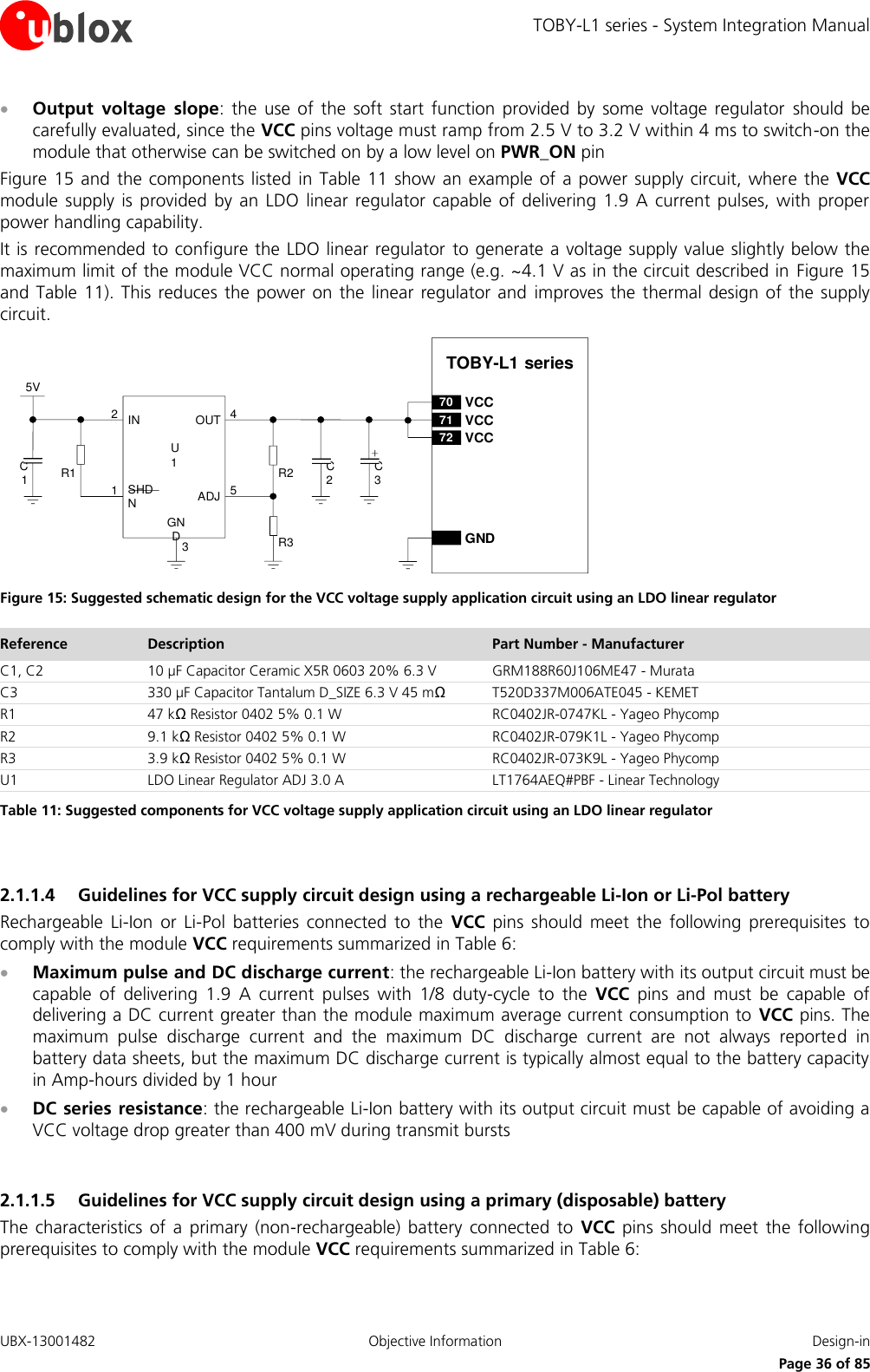 TOBY-L1 series - System Integration Manual UBX-13001482  Objective Information  Design-in     Page 36 of 85  Output  voltage  slope:  the  use of  the  soft  start  function provided  by  some  voltage  regulator  should  be carefully evaluated, since the VCC pins voltage must ramp from 2.5 V to 3.2 V within 4 ms to switch-on the module that otherwise can be switched on by a low level on PWR_ON pin Figure 15 and  the  components listed  in Table 11  show an  example of a power supply circuit,  where the VCC module  supply  is  provided  by an LDO  linear regulator  capable  of delivering  1.9  A  current  pulses,  with  proper power handling capability. It is recommended to configure the LDO linear regulator  to generate a voltage supply value slightly below the maximum limit of the module VCC normal operating range (e.g. ~4.1 V as in the circuit described in  Figure 15 and Table 11).  This reduces the power on the  linear regulator and  improves  the thermal  design of the supply circuit. Please leave width at 16.9cm (17cm = .docx page width) to preserve 1:1 scaling5VC1R1IN OUTADJGND12453C2R2R3U1SHDNTOBY-L1 series71 VCC72 VCC70 VCCGNDC3 Figure 15: Suggested schematic design for the VCC voltage supply application circuit using an LDO linear regulator Reference Description Part Number - Manufacturer C1, C2 10 µF Capacitor Ceramic X5R 0603 20% 6.3 V GRM188R60J106ME47 - Murata C3 330 µF Capacitor Tantalum D_SIZE 6.3 V 45 mΩ T520D337M006ATE045 - KEMET R1 47 kΩ Resistor 0402 5% 0.1 W RC0402JR-0747KL - Yageo Phycomp R2 9.1 kΩ Resistor 0402 5% 0.1 W RC0402JR-079K1L - Yageo Phycomp R3 3.9 kΩ Resistor 0402 5% 0.1 W RC0402JR-073K9L - Yageo Phycomp U1 LDO Linear Regulator ADJ 3.0 A LT1764AEQ#PBF - Linear Technology Table 11: Suggested components for VCC voltage supply application circuit using an LDO linear regulator  2.1.1.4 Guidelines for VCC supply circuit design using a rechargeable Li-Ion or Li-Pol battery Rechargeable  Li-Ion  or  Li-Pol  batteries  connected  to  the  VCC  pins  should  meet  the  following  prerequisites  to comply with the module VCC requirements summarized in Table 6:  Maximum pulse and DC discharge current: the rechargeable Li-Ion battery with its output circuit must be capable  of  delivering  1.9  A  current  pulses  with  1/8  duty-cycle  to  the  VCC  pins  and  must  be  capable  of delivering a DC current greater than the module maximum average current consumption to  VCC pins. The maximum  pulse  discharge  current  and  the  maximum  DC  discharge  current  are  not  always  reported  in battery data sheets, but the maximum DC discharge current is typically almost equal to the battery capacity in Amp-hours divided by 1 hour  DC series resistance: the rechargeable Li-Ion battery with its output circuit must be capable of avoiding a VCC voltage drop greater than 400 mV during transmit bursts  2.1.1.5 Guidelines for VCC supply circuit design using a primary (disposable) battery The  characteristics  of  a  primary  (non-rechargeable)  battery  connected  to  VCC  pins should  meet  the  following prerequisites to comply with the module VCC requirements summarized in Table 6: 