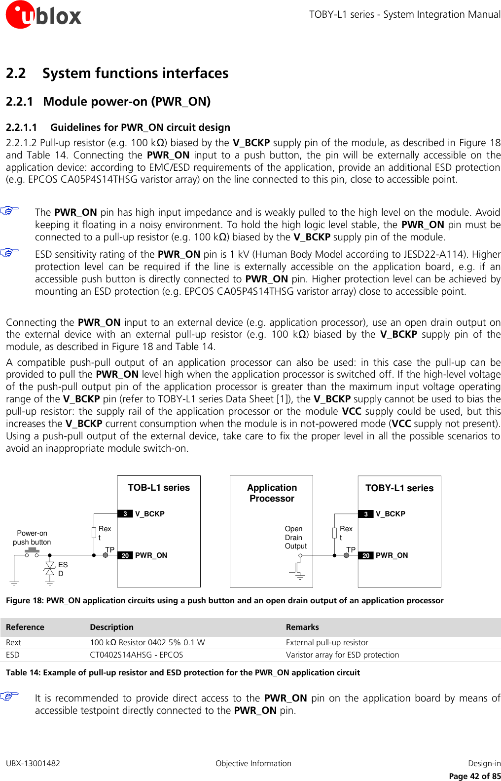 TOBY-L1 series - System Integration Manual UBX-13001482  Objective Information  Design-in     Page 42 of 85 2.2 System functions interfaces 2.2.1 Module power-on (PWR_ON) 2.2.1.1 Guidelines for PWR_ON circuit design 2.2.1.2 Pull-up resistor (e.g. 100 kΩ) biased by the V_BCKP supply pin of the module, as described in Figure 18 and  Table  14.  Connecting  the  PWR_ON  input  to  a  push  button,  the  pin  will  be  externally  accessible  on  the application device: according to EMC/ESD requirements of the application, provide an additional ESD protection (e.g. EPCOS CA05P4S14THSG varistor array) on the line connected to this pin, close to accessible point.   The PWR_ON pin has high input impedance and is weakly pulled to the high level on the module. Avoid keeping it floating in a noisy environment. To hold the high logic level stable, the  PWR_ON pin must be connected to a pull-up resistor (e.g. 100 kΩ) biased by the V_BCKP supply pin of the module.  ESD sensitivity rating of the PWR_ON pin is 1 kV (Human Body Model according to JESD22-A114). Higher protection  level  can  be  required  if  the  line  is  externally  accessible  on  the  application  board,  e.g.  if  an accessible push button is directly connected to PWR_ON pin. Higher protection level can be achieved by mounting an ESD protection (e.g. EPCOS CA05P4S14THSG varistor array) close to accessible point.  Connecting the PWR_ON input to an external device (e.g. application processor), use an open drain output on the  external  device  with  an  external  pull-up  resistor  (e.g.  100  kΩ)  biased  by  the  V_BCKP  supply  pin  of  the module, as described in Figure 18 and Table 14. A  compatible  push-pull  output  of  an  application  processor  can  also  be  used:  in  this  case  the  pull-up  can  be provided to pull the PWR_ON level high when the application processor is switched off. If the high-level voltage of the push-pull output pin of the application processor is greater than  the maximum  input  voltage  operating range of the V_BCKP pin (refer to TOBY-L1 series Data Sheet [1]), the V_BCKP supply cannot be used to bias the pull-up resistor: the  supply rail of the application processor or the module VCC supply could be used,  but this increases the V_BCKP current consumption when the module is in not-powered mode (VCC supply not present). Using a push-pull output of the external device, take care to fix the proper level in all the possible scenarios to avoid an inappropriate module switch-on.  Please leave width at 16.9cm (17cm = .docx page width) to preserve 1:1 scalingTOB-L1 seriesRext3V_BCKP20 PWR_ONPower-on push buttonESDOpen Drain OutputApplication Processor TOBY-L1 seriesRext3V_BCKP20 PWR_ONTP TP Figure 18: PWR_ON application circuits using a push button and an open drain output of an application processor Reference Description Remarks Rext 100 kΩ Resistor 0402 5% 0.1 W External pull-up resistor ESD CT0402S14AHSG - EPCOS Varistor array for ESD protection Table 14: Example of pull-up resistor and ESD protection for the PWR_ON application circuit  It  is recommended  to  provide  direct access  to  the  PWR_ON  pin  on the  application board  by  means  of accessible testpoint directly connected to the PWR_ON pin.  