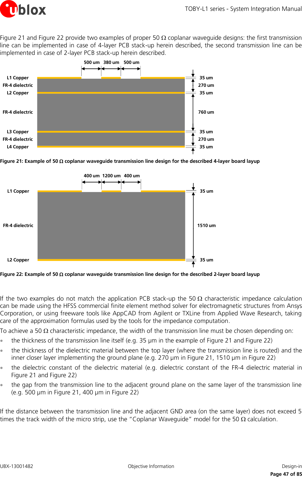 TOBY-L1 series - System Integration Manual UBX-13001482  Objective Information  Design-in     Page 47 of 85 Figure 21 and Figure 22 provide two examples of proper 50  coplanar waveguide designs: the first transmission line can be implemented in case of 4-layer PCB stack-up herein described, the second transmission line can be implemented in case of 2-layer PCB stack-up herein described. 35 um35 um35 um35 um270 um270 um760 umL1 CopperL3 CopperL2 CopperL4 CopperFR-4 dielectricFR-4 dielectricFR-4 dielectric380 um 500 um500 um Figure 21: Example of 50  coplanar waveguide transmission line design for the described 4-layer board layup 35 um35 um1510 umL2 CopperL1 CopperFR-4 dielectric1200 um 400 um400 um Figure 22: Example of 50  coplanar waveguide transmission line design for the described 2-layer board layup  If the two examples do not match  the  application PCB  stack-up  the  50   characteristic impedance calculation can be made using the HFSS commercial finite element method solver for electromagnetic structures from Ansys Corporation, or using freeware tools like AppCAD from Agilent or TXLine from Applied Wave Research, taking care of the approximation formulas used by the tools for the impedance computation. To achieve a 50  characteristic impedance, the width of the transmission line must be chosen depending on:  the thickness of the transmission line itself (e.g. 35 µm in the example of Figure 21 and Figure 22)  the thickness of the dielectric material between the top layer (where the transmission line is routed) and the inner closer layer implementing the ground plane (e.g. 270 µm in Figure 21, 1510 µm in Figure 22)  the  dielectric  constant  of  the  dielectric  material  (e.g.  dielectric  constant  of  the  FR-4  dielectric  material  in Figure 21 and Figure 22)  the gap from the transmission line to the adjacent ground plane on the same layer of the transmission line (e.g. 500 µm in Figure 21, 400 µm in Figure 22)  If the distance between the transmission line and the adjacent GND area (on the same layer) does not exceed 5 times the track width of the micro strip, use the “Coplanar Waveguide” model for the 50  calculation.  