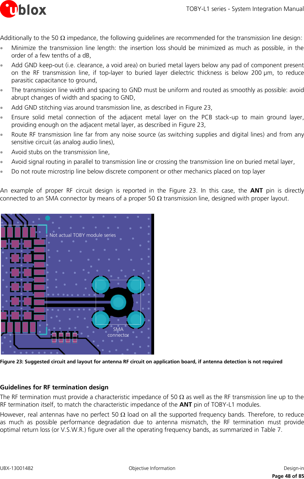 TOBY-L1 series - System Integration Manual UBX-13001482  Objective Information  Design-in     Page 48 of 85 Additionally to the 50  impedance, the following guidelines are recommended for the transmission line design:  Minimize  the transmission  line length: the  insertion loss  should  be  minimized  as  much  as  possible,  in the order of a few tenths of a dB,  Add GND keep-out (i.e. clearance, a void area) on buried metal layers below any pad of component present on  the  RF  transmission  line,  if  top-layer  to  buried  layer  dielectric  thickness  is  below  200 µm,  to  reduce parasitic capacitance to ground,  The transmission line width and spacing to GND must be uniform and routed as smoothly as possible: avoid abrupt changes of width and spacing to GND,  Add GND stitching vias around transmission line, as described in Figure 23,  Ensure  solid  metal  connection  of  the  adjacent  metal  layer  on  the  PCB  stack-up  to  main  ground  layer, providing enough on the adjacent metal layer, as described in Figure 23,  Route RF transmission line far from any noise source (as switching supplies and digital lines) and from any sensitive circuit (as analog audio lines),  Avoid stubs on the transmission line,  Avoid signal routing in parallel to transmission line or crossing the transmission line on buried metal layer,  Do not route microstrip line below discrete component or other mechanics placed on top layer  An  example  of  proper  RF  circuit  design  is  reported  in  the  Figure  23.  In  this  case,  the  ANT  pin  is  directly connected to an SMA connector by means of a proper 50  transmission line, designed with proper layout.  Not actual TOBY module seriesSMAconnector Figure 23: Suggested circuit and layout for antenna RF circuit on application board, if antenna detection is not required  Guidelines for RF termination design The RF termination must provide a characteristic impedance of 50  as well as the RF transmission line up to the RF termination itself, to match the characteristic impedance of the ANT pin of TOBY-L1 modules. However, real antennas have no perfect 50  load on all the supported frequency bands. Therefore, to reduce as  much  as  possible  performance  degradation  due  to  antenna  mismatch,  the  RF  termination  must  provide optimal return loss (or V.S.W.R.) figure over all the operating frequency bands, as summarized in Table 7.  