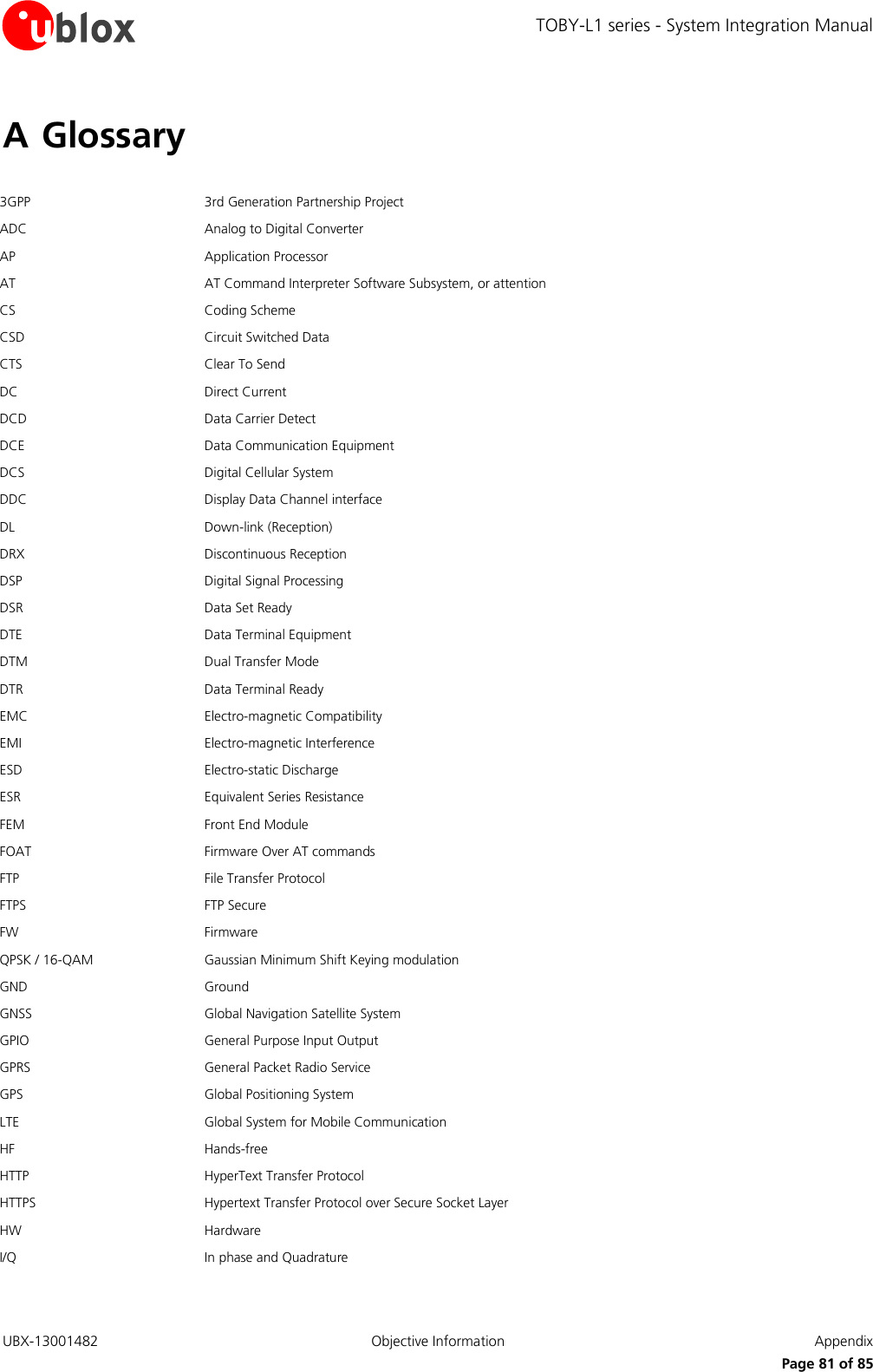 TOBY-L1 series - System Integration Manual UBX-13001482  Objective Information  Appendix      Page 81 of 85 A Glossary  3GPP 3rd Generation Partnership Project ADC Analog to Digital Converter AP Application Processor AT AT Command Interpreter Software Subsystem, or attention CS Coding Scheme CSD Circuit Switched Data CTS Clear To Send DC Direct Current  DCD Data Carrier Detect DCE Data Communication Equipment DCS Digital Cellular System DDC Display Data Channel interface DL Down-link (Reception) DRX Discontinuous Reception DSP Digital Signal Processing DSR Data Set Ready DTE Data Terminal Equipment DTM Dual Transfer Mode DTR Data Terminal Ready  EMC Electro-magnetic Compatibility EMI Electro-magnetic Interference ESD Electro-static Discharge ESR Equivalent Series Resistance FEM Front End Module FOAT Firmware Over AT commands FTP File Transfer Protocol FTPS FTP Secure FW Firmware QPSK / 16-QAM Gaussian Minimum Shift Keying modulation GND Ground GNSS Global Navigation Satellite System GPIO General Purpose Input Output GPRS General Packet Radio Service GPS Global Positioning System LTE Global System for Mobile Communication HF Hands-free HTTP HyperText Transfer Protocol  HTTPS Hypertext Transfer Protocol over Secure Socket Layer HW Hardware I/Q In phase and Quadrature 
