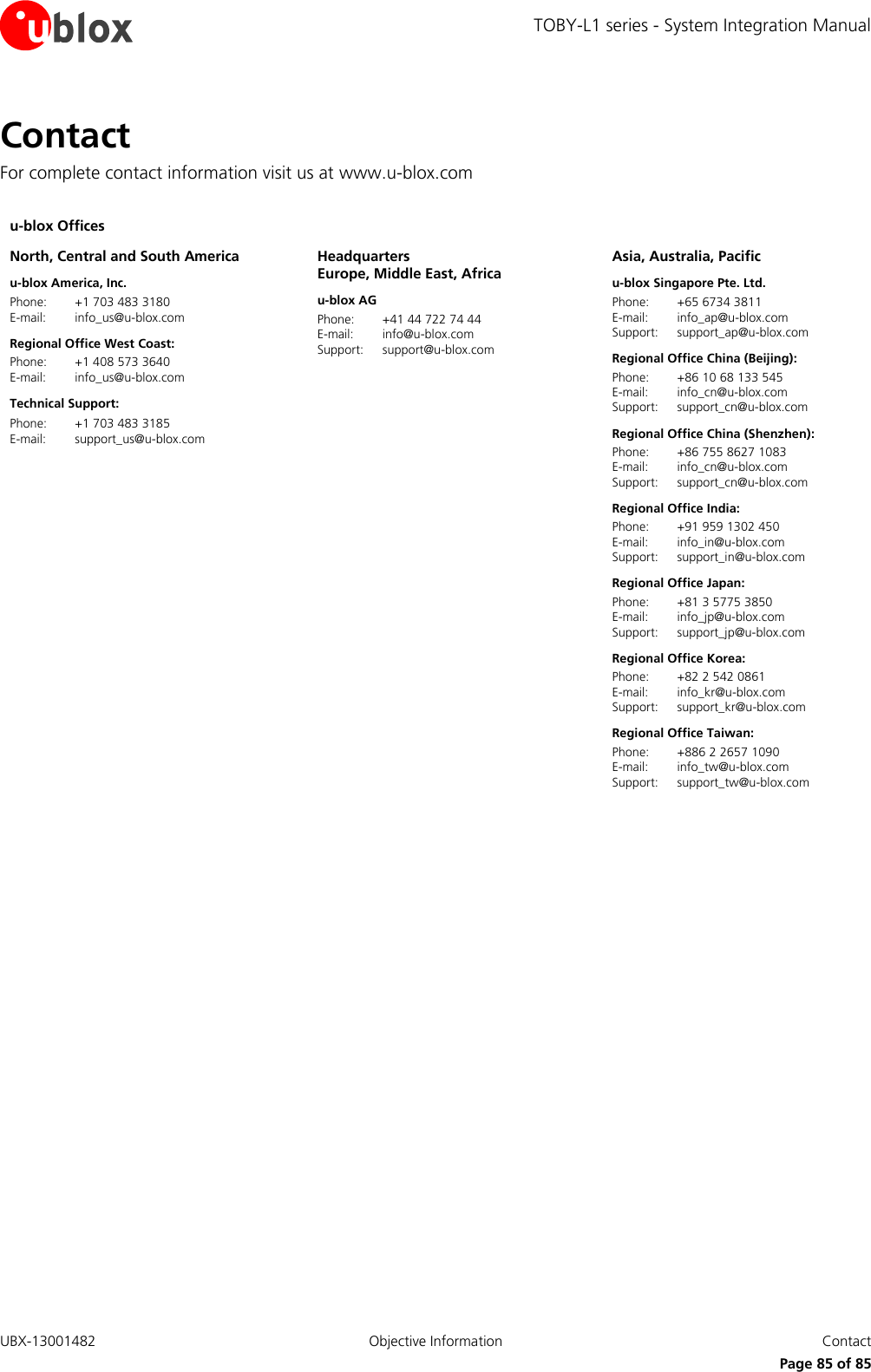 TOBY-L1 series - System Integration Manual UBX-13001482  Objective Information  Contact      Page 85 of 85 Contact For complete contact information visit us at www.u-blox.com  u-blox Offices     North, Central and South America u-blox America, Inc. Phone:  +1 703 483 3180 E-mail:  info_us@u-blox.com Regional Office West Coast: Phone:  +1 408 573 3640 E-mail:  info_us@u-blox.com Technical Support: Phone:  +1 703 483 3185 E-mail:  support_us@u-blox.com  Headquarters Europe, Middle East, Africa u-blox AG  Phone:  +41 44 722 74 44 E-mail:  info@u-blox.com Support:  support@u-blox.com  Asia, Australia, Pacific u-blox Singapore Pte. Ltd. Phone:  +65 6734 3811 E-mail:  info_ap@u-blox.com Support:  support_ap@u-blox.com Regional Office China (Beijing): Phone:  +86 10 68 133 545 E-mail:  info_cn@u-blox.com Support:  support_cn@u-blox.com Regional Office China (Shenzhen): Phone:  +86 755 8627 1083 E-mail:  info_cn@u-blox.com Support:  support_cn@u-blox.com Regional Office India: Phone:  +91 959 1302 450 E-mail:  info_in@u-blox.com Support:  support_in@u-blox.com Regional Office Japan: Phone:  +81 3 5775 3850 E-mail:  info_jp@u-blox.com Support:  support_jp@u-blox.com Regional Office Korea: Phone:  +82 2 542 0861 E-mail:  info_kr@u-blox.com  Support:  support_kr@u-blox.com Regional Office Taiwan: Phone:  +886 2 2657 1090 E-mail:  info_tw@u-blox.com  Support:  support_tw@u-blox.com   