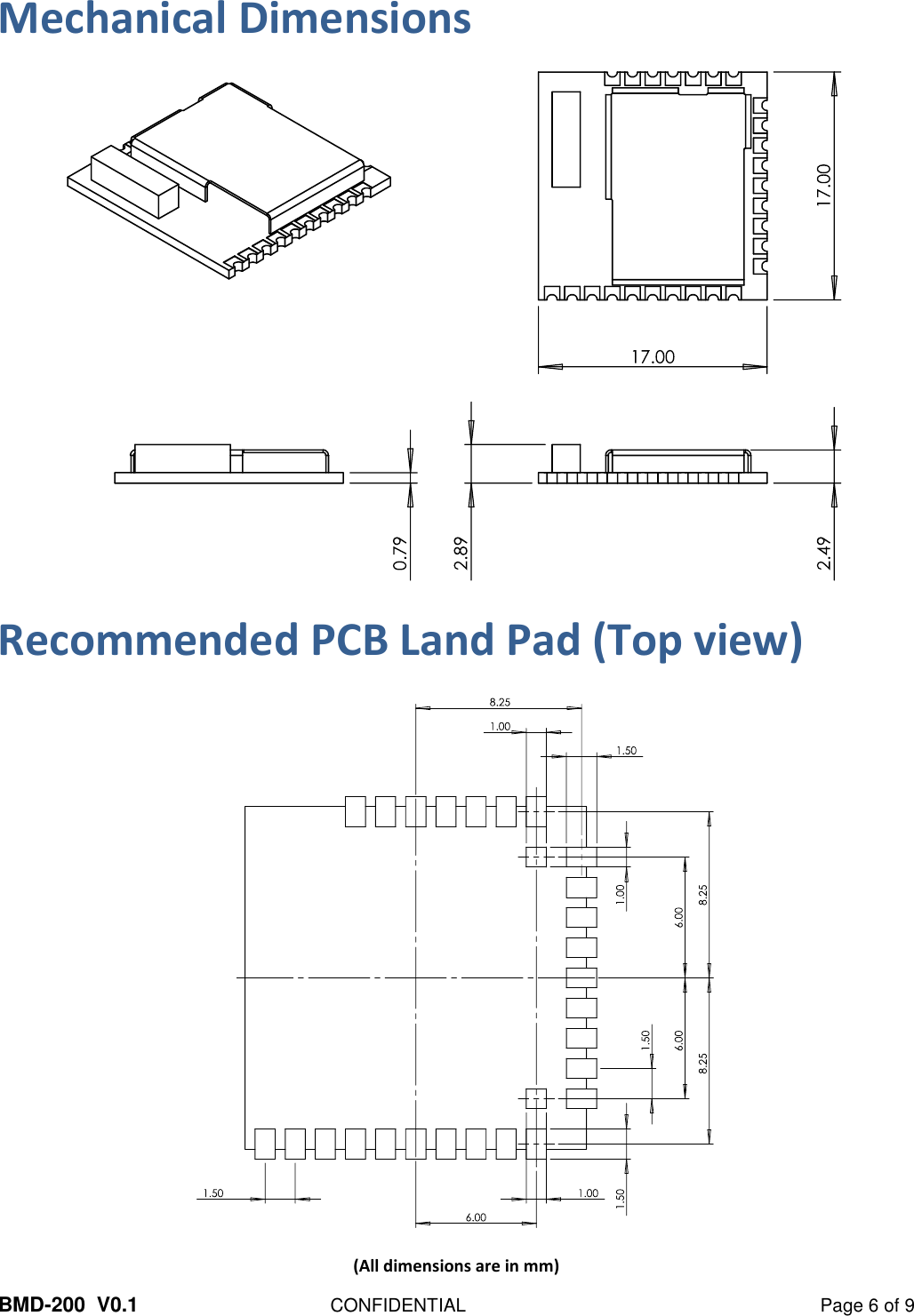  BMD-200  V0.1  CONFIDENTIAL  Page 6 of 9 Mechanical Dimensions     Recommended PCB Land Pad (Top view)   (All dimensions are in mm) 