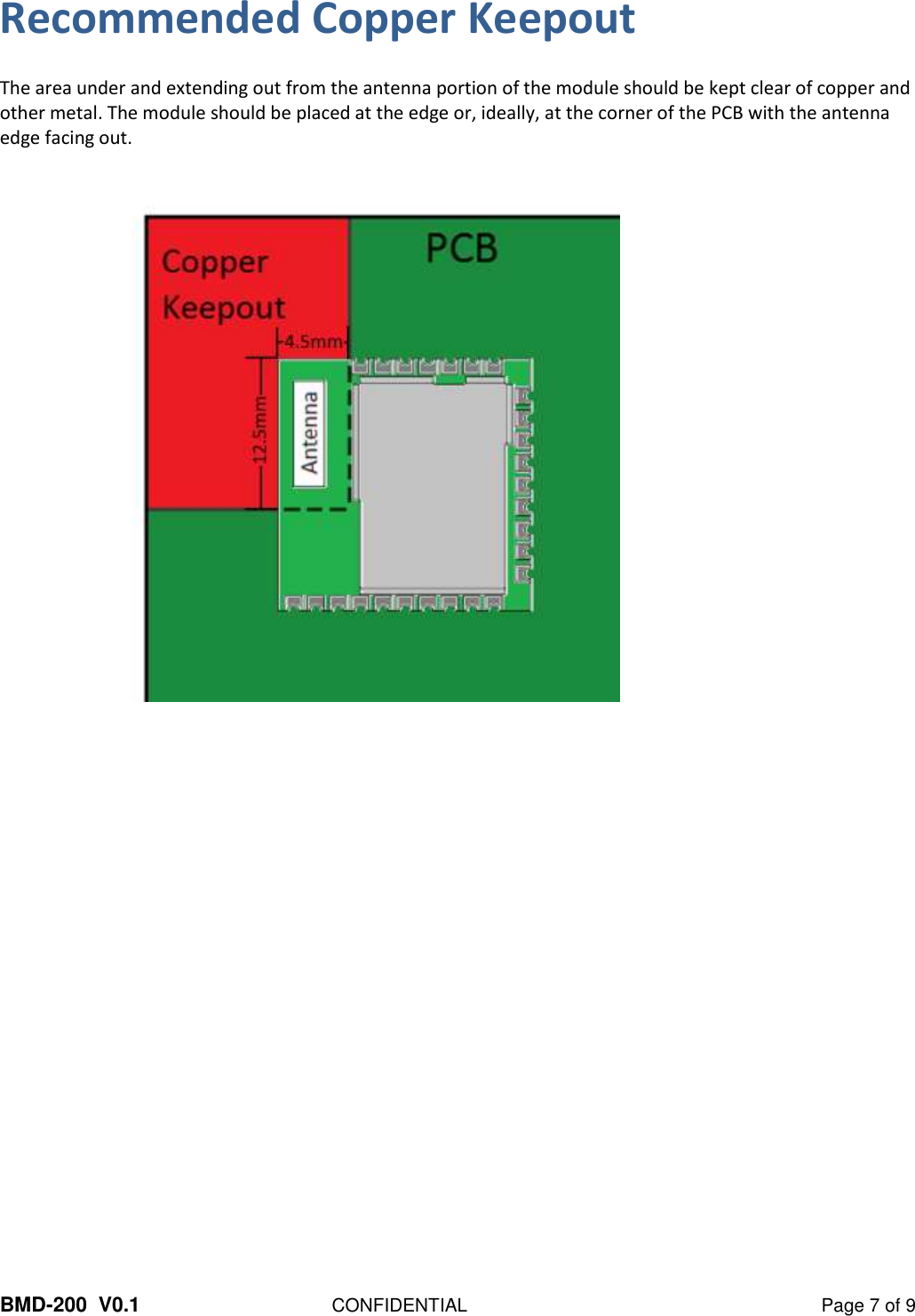  BMD-200  V0.1  CONFIDENTIAL  Page 7 of 9 Recommended Copper Keepout  The area under and extending out from the antenna portion of the module should be kept clear of copper and other metal. The module should be placed at the edge or, ideally, at the corner of the PCB with the antenna edge facing out.      