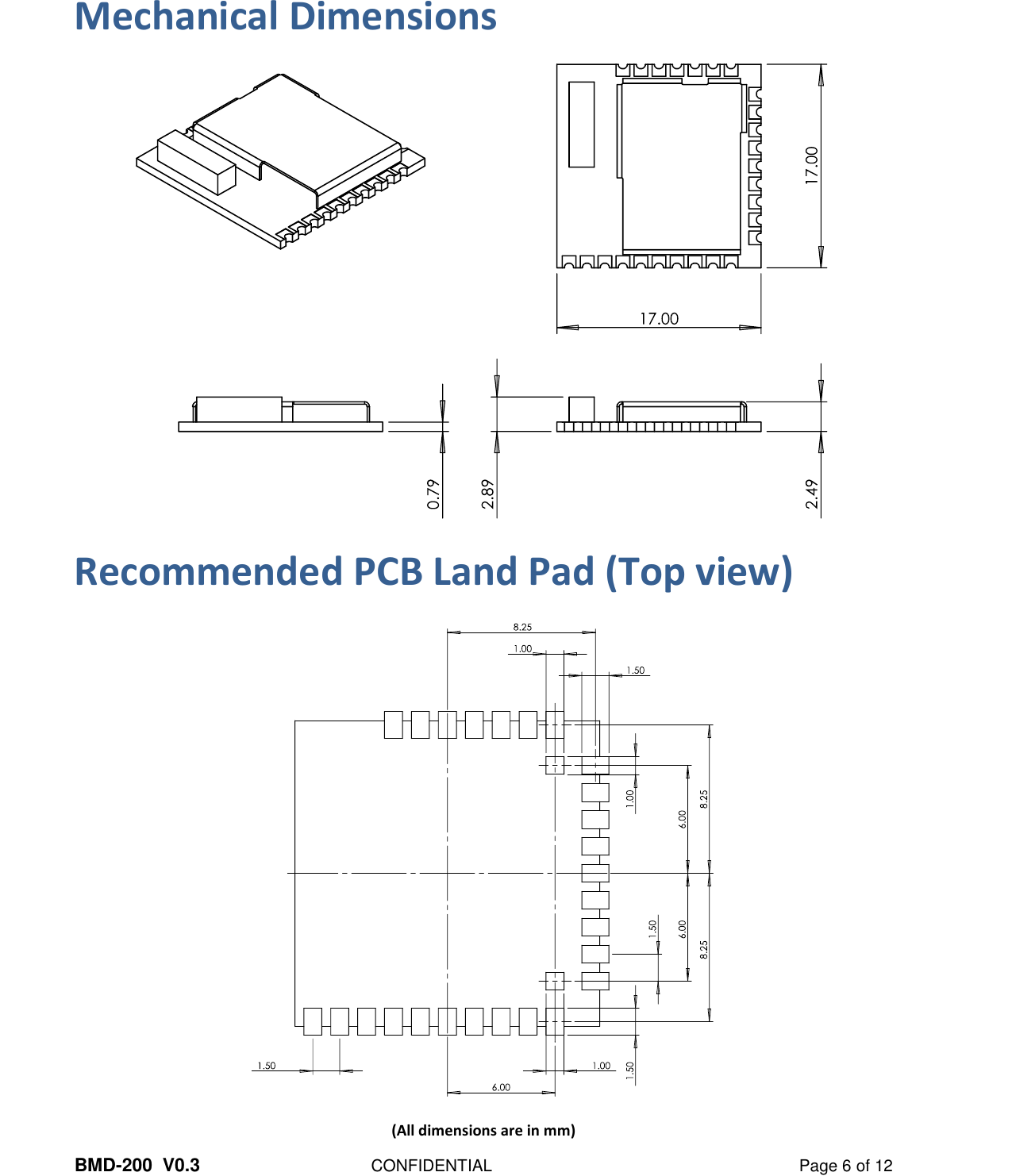  BMD-200  V0.3  CONFIDENTIAL  Page 6 of 12 Mechanical Dimensions     Recommended PCB Land Pad (Top view)   (All dimensions are in mm) 