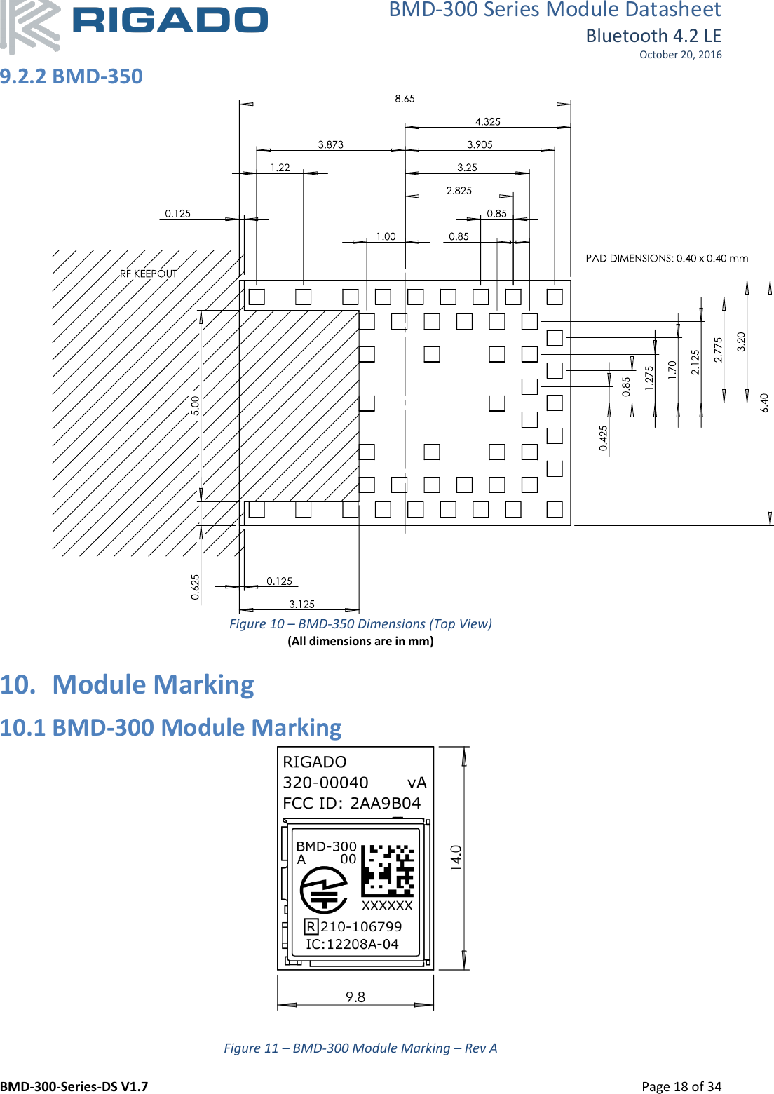 BMD-300 Series Module Datasheet Bluetooth 4.2 LE October 20, 2016 BMD-300-Series-DS V1.7         Page 18 of 34 9.2.2 BMD-350  Figure 10 – BMD-350 Dimensions (Top View) (All dimensions are in mm) 10. Module Marking 10.1 BMD-300 Module Marking  Figure 11 – BMD-300 Module Marking – Rev A 