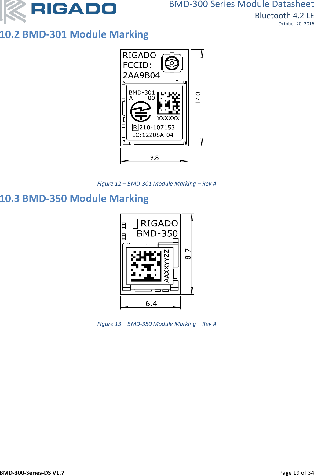 BMD-300 Series Module Datasheet Bluetooth 4.2 LE October 20, 2016 BMD-300-Series-DS V1.7         Page 19 of 34 10.2 BMD-301 Module Marking  Figure 12 – BMD-301 Module Marking – Rev A 10.3 BMD-350 Module Marking  Figure 13 – BMD-350 Module Marking – Rev A   