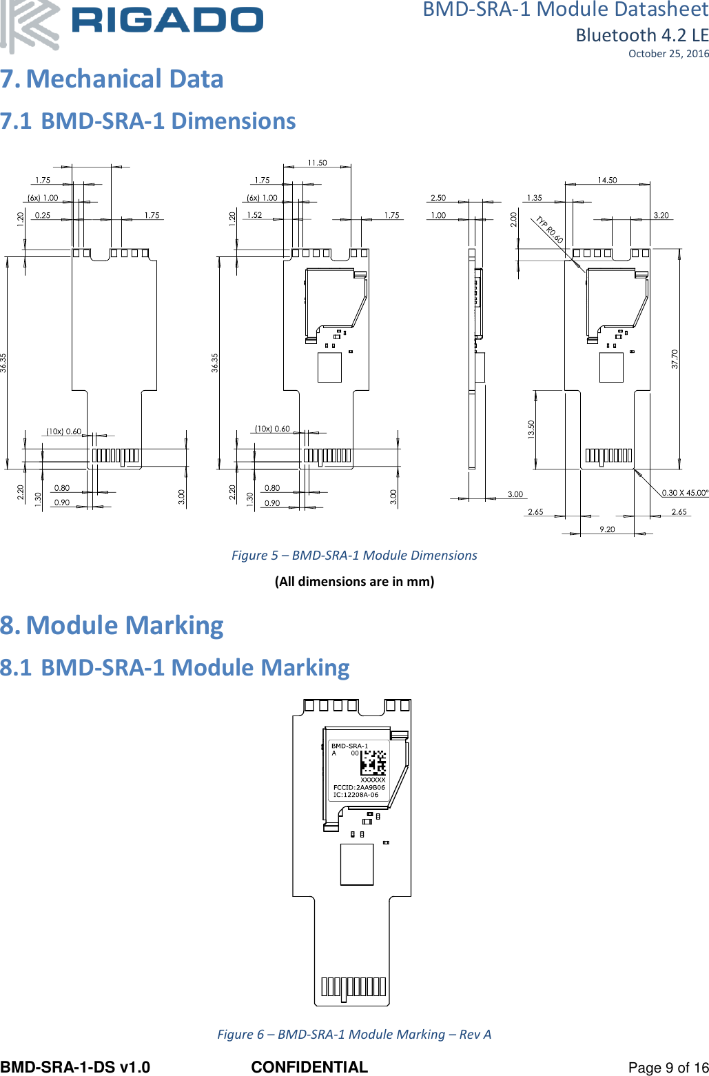 BMD-SRA-1 Module Datasheet Bluetooth 4.2 LE October 25, 2016 BMD-SRA-1-DS v1.0  CONFIDENTIAL  Page 9 of 16 7. Mechanical Data 7.1 BMD-SRA-1 Dimensions    Figure 5 – BMD-SRA-1 Module Dimensions (All dimensions are in mm) 8. Module Marking 8.1 BMD-SRA-1 Module Marking  Figure 6 – BMD-SRA-1 Module Marking – Rev A  
