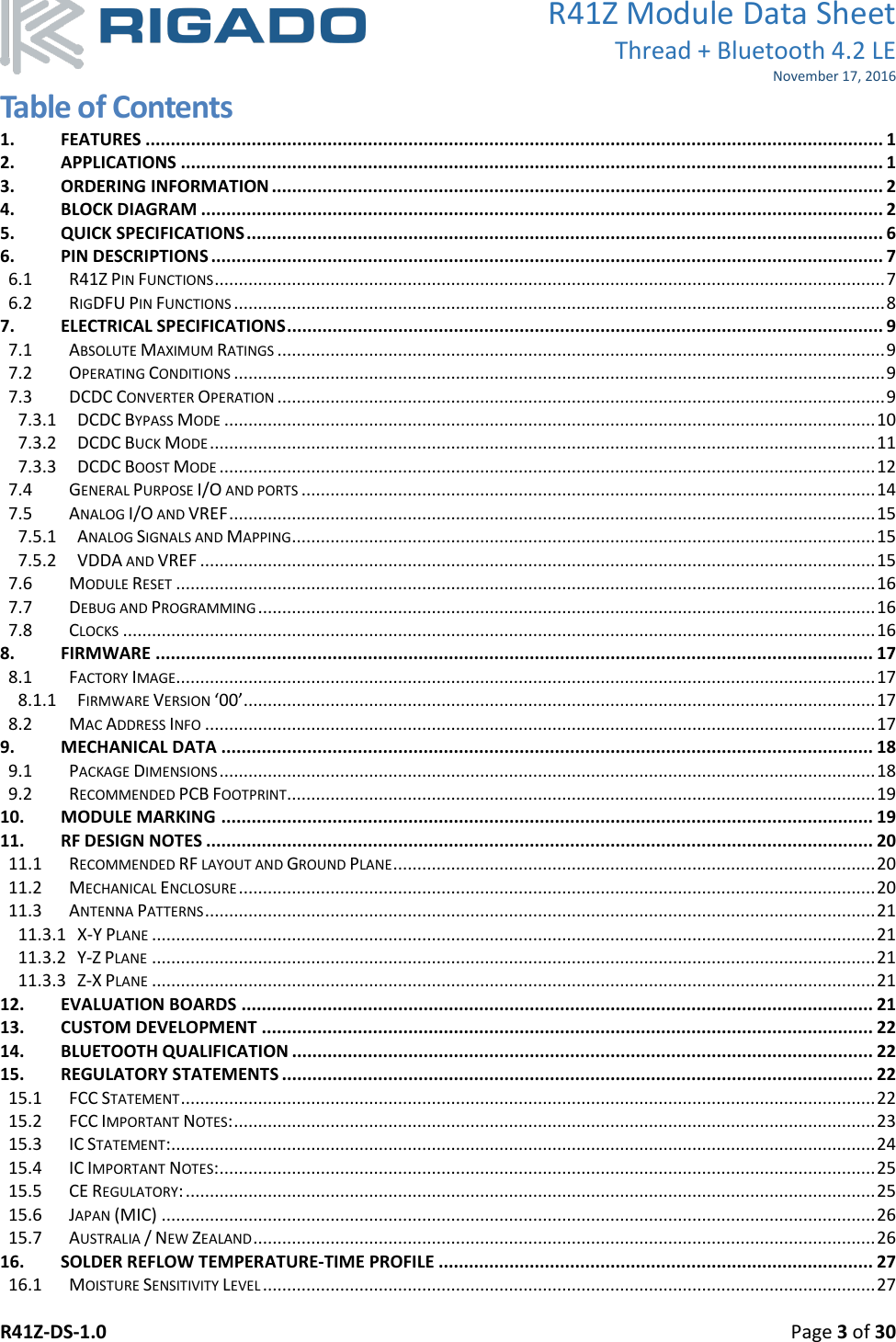 R41Z Module Data Sheet Thread + Bluetooth 4.2 LE November 17, 2016 R41Z-DS-1.0    Page 3 of 30  Table of Contents 1. FEATURES .................................................................................................................................................. 1 2. APPLICATIONS ........................................................................................................................................... 1 3. ORDERING INFORMATION ......................................................................................................................... 2 4. BLOCK DIAGRAM ....................................................................................................................................... 2 5. QUICK SPECIFICATIONS .............................................................................................................................. 6 6. PIN DESCRIPTIONS ..................................................................................................................................... 7 6.1  R41Z PIN FUNCTIONS ........................................................................................................................................... 7 6.2   RIGDFU PIN FUNCTIONS ....................................................................................................................................... 8 7. ELECTRICAL SPECIFICATIONS ...................................................................................................................... 9 7.1   ABSOLUTE MAXIMUM RATINGS .............................................................................................................................. 9 7.2   OPERATING CONDITIONS ....................................................................................................................................... 9 7.3   DCDC CONVERTER OPERATION .............................................................................................................................. 9 7.3.1   DCDC BYPASS MODE ....................................................................................................................................... 10 7.3.2   DCDC BUCK MODE .......................................................................................................................................... 11 7.3.3   DCDC BOOST MODE ........................................................................................................................................ 12 7.4   GENERAL PURPOSE I/O AND PORTS ....................................................................................................................... 14 7.5   ANALOG I/O AND VREF ...................................................................................................................................... 15 7.5.1   ANALOG SIGNALS AND MAPPING ......................................................................................................................... 15 7.5.2  VDDA AND VREF ............................................................................................................................................ 15 7.6   MODULE RESET ................................................................................................................................................. 16 7.7   DEBUG AND PROGRAMMING ................................................................................................................................ 16 7.8   CLOCKS ............................................................................................................................................................ 16 8. FIRMWARE .............................................................................................................................................. 17 8.1   FACTORY IMAGE ................................................................................................................................................. 17 8.1.1   FIRMWARE VERSION ‘00’ ................................................................................................................................... 17 8.2   MAC ADDRESS INFO ........................................................................................................................................... 17 9. MECHANICAL DATA ................................................................................................................................. 18 9.1   PACKAGE DIMENSIONS ........................................................................................................................................ 18 9.2   RECOMMENDED PCB FOOTPRINT .......................................................................................................................... 19 10. MODULE MARKING ................................................................................................................................. 19 11. RF DESIGN NOTES .................................................................................................................................... 20 11.1   RECOMMENDED RF LAYOUT AND GROUND PLANE .................................................................................................... 20 11.2   MECHANICAL ENCLOSURE .................................................................................................................................... 20 11.3   ANTENNA PATTERNS ........................................................................................................................................... 21 11.3.1   X-Y PLANE ...................................................................................................................................................... 21 11.3.2   Y-Z PLANE ...................................................................................................................................................... 21 11.3.3   Z-X PLANE ...................................................................................................................................................... 21 12. EVALUATION BOARDS ............................................................................................................................. 21 13. CUSTOM DEVELOPMENT ......................................................................................................................... 22 14. BLUETOOTH QUALIFICATION ................................................................................................................... 22 15. REGULATORY STATEMENTS ..................................................................................................................... 22 15.1   FCC STATEMENT ................................................................................................................................................ 22 15.2   FCC IMPORTANT NOTES: ..................................................................................................................................... 23 15.3  IC STATEMENT: .................................................................................................................................................. 24 15.4  IC IMPORTANT NOTES: ........................................................................................................................................ 25 15.5  CE REGULATORY: ............................................................................................................................................... 25 15.6   JAPAN (MIC) .................................................................................................................................................... 26 15.7   AUSTRALIA / NEW ZEALAND ................................................................................................................................. 26 16. SOLDER REFLOW TEMPERATURE-TIME PROFILE ...................................................................................... 27 16.1   MOISTURE SENSITIVITY LEVEL ............................................................................................................................... 27 