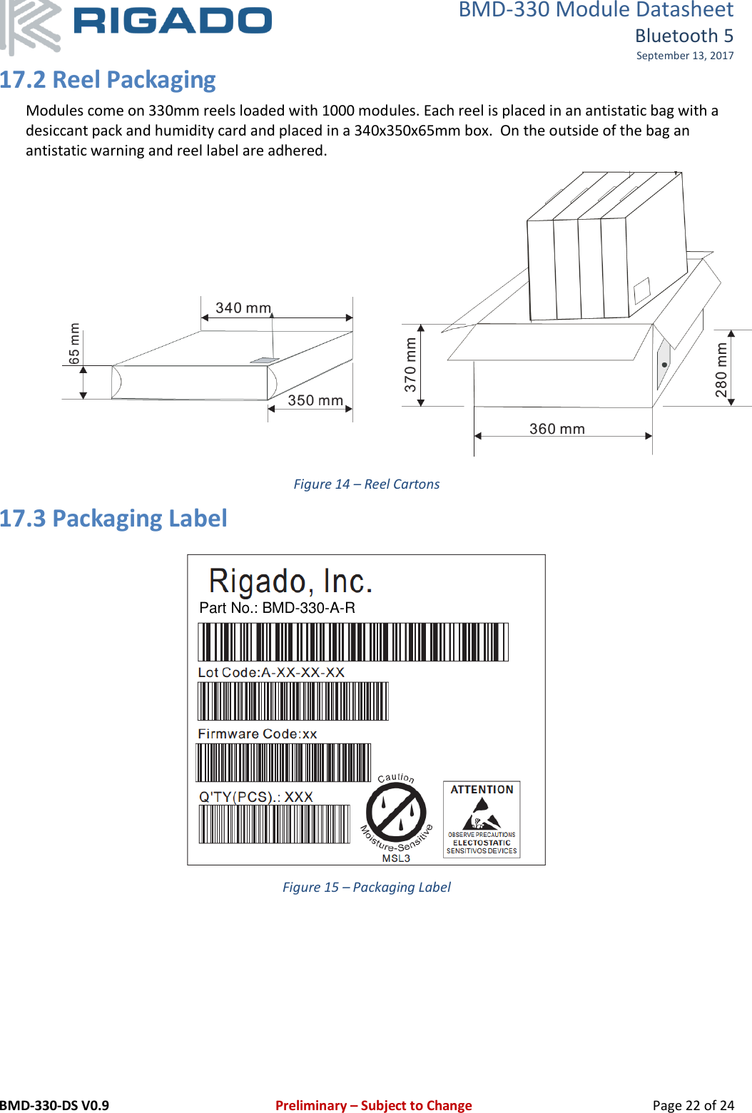 BMD-330 Module Datasheet Bluetooth 5 September 13, 2017 BMD-330-DS V0.9     Preliminary – Subject to Change   Page 22 of 24 17.2 Reel Packaging Modules come on 330mm reels loaded with 1000 modules. Each reel is placed in an antistatic bag with a desiccant pack and humidity card and placed in a 340x350x65mm box.  On the outside of the bag an antistatic warning and reel label are adhered.  Figure 14 – Reel Cartons 17.3 Packaging Label  Figure 15 – Packaging Label    Part No.: BMD-330-A-R 