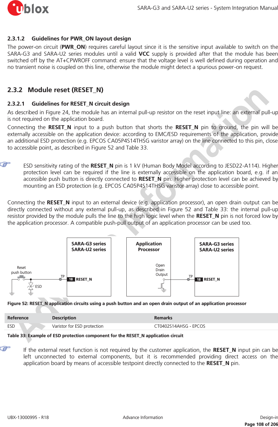 SARA-G3 and SARA-U2 series - System Integration Manual UBX-13000995 - R18  Advance Information  Design-in   Page 108 of 206 2.3.1.2 Guidelines for PWR_ON layout design The power-on circuit (PWR_ON) requires careful layout since it is the sensitive input available to switch on the SARA-G3 and SARA-U2 series modules until a valid VCC supply is provided after that the module has been switched off by the AT+CPWROFF command: ensure that the voltage level is well defined during operation and no transient noise is coupled on this line, otherwise the module might detect a spurious power-on request.  2.3.2 Module reset (RESET_N) 2.3.2.1 Guidelines for RESET_N circuit design As described in Figure 24, the module has an internal pull-up resistor on the reset input line: an external pull-up is not required on the application board. Connecting the RESET_N input to a push button that shorts the RESET_N pin to ground, the pin will be externally accessible on the application device: according to EMC/ESD requirements of the application, provide an additional ESD protection (e.g. EPCOS CA05P4S14THSG varistor array) on the line connected to this pin, close to accessible point, as described in Figure 52 and Table 33.   ESD sensitivity rating of the RESET_N pin is 1 kV (Human Body Model according to JESD22-A114). Higher protection level can be required if the line is externally accessible on the application board, e.g. if an accessible push button is directly connected to RESET_N pin. Higher protection level can be achieved by mounting an ESD protection (e.g. EPCOS CA05P4S14THSG varistor array) close to accessible point.  Connecting the RESET_N input to an external device (e.g. application processor), an open drain output can be directly connected without any external pull-up, as described in Figure 52 and Table 33: the internal pull-up resistor provided by the module pulls the line to the high logic level when the RESET_N pin is not forced low by the application processor. A compatible push-pull output of an application processor can be used too.  SARA-G3 seriesSARA-U2 series18RESET_NReset      push buttonESDOpen Drain OutputApplication ProcessorSARA-G3 seriesSARA-U2 series18RESET_NTP TP Figure 52: RESET_N application circuits using a push button and an open drain output of an application processor Reference  Description  Remarks ESD Varistor for ESD protection CT0402S14AHSG - EPCOS Table 33: Example of ESD protection component for the RESET_N application circuit  If the external reset function is not required by the customer application, the RESET_N input pin can be left unconnected to external components, but it is recommended providing direct access on the application board by means of accessible testpoint directly connected to the RESET_N pin.  