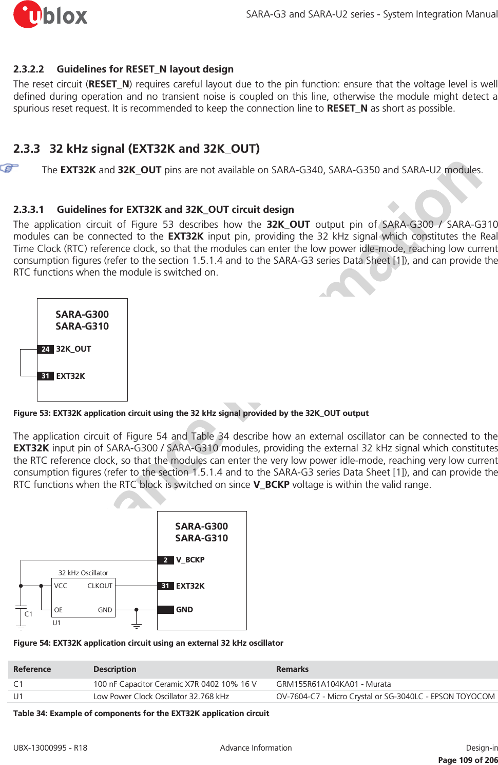 SARA-G3 and SARA-U2 series - System Integration Manual UBX-13000995 - R18  Advance Information  Design-in   Page 109 of 206 2.3.2.2 Guidelines for RESET_N layout design The reset circuit (RESET_N) requires careful layout due to the pin function: ensure that the voltage level is well defined during operation and no transient noise is coupled on this line, otherwise the module might detect a spurious reset request. It is recommended to keep the connection line to RESET_N as short as possible.  2.3.3 32 kHz signal (EXT32K and 32K_OUT)  The EXT32K and 32K_OUT pins are not available on SARA-G340, SARA-G350 and SARA-U2 modules.  2.3.3.1 Guidelines for EXT32K and 32K_OUT circuit design The application circuit of Figure 53 describes how the 32K_OUT output pin of SARA-G300 / SARA-G310 modules can be connected to the EXT32K input pin, providing the 32 kHz signal which constitutes the Real Time Clock (RTC) reference clock, so that the modules can enter the low power idle-mode, reaching low current consumption figures (refer to the section 1.5.1.4 and to the SARA-G3 series Data Sheet [1]), and can provide the RTC functions when the module is switched on.  2432K_OUTSARA-G300 SARA-G31031 EXT32K Figure 53: EXT32K application circuit using the 32 kHz signal provided by the 32K_OUT output The application circuit of Figure 54 and Table 34 describe how an external oscillator can be connected to the EXT32K input pin of SARA-G300 / SARA-G310 modules, providing the external 32 kHz signal which constitutes the RTC reference clock, so that the modules can enter the very low power idle-mode, reaching very low current consumption figures (refer to the section 1.5.1.4 and to the SARA-G3 series Data Sheet [1]), and can provide the RTC functions when the RTC block is switched on since V_BCKP voltage is within the valid range.  2V_BCKPGNDSARA-G300 SARA-G31031 EXT32K32 kHz OscillatorGNDCLKOUTOEVCCC1U1 Figure 54: EXT32K application circuit using an external 32 kHz oscillator Reference  Description  Remarks C1 100 nF Capacitor Ceramic X7R 0402 10% 16 V GRM155R61A104KA01 - Murata U1 Low Power Clock Oscillator 32.768 kHz OV-7604-C7 - Micro Crystal or SG-3040LC - EPSON TOYOCOM Table 34: Example of components for the EXT32K application circuit 